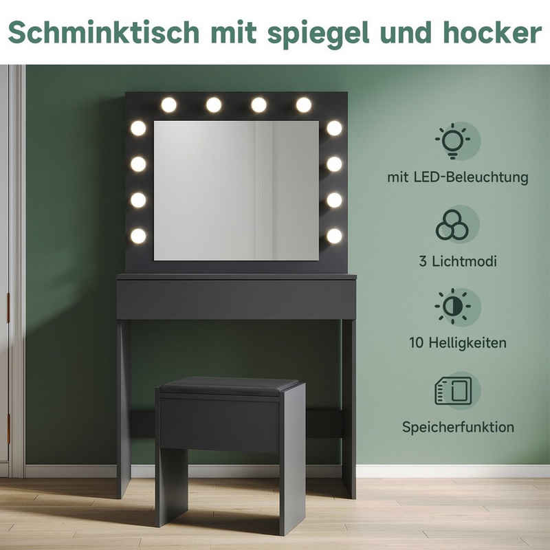 SONNI Schminktisch Schminktisch Weiss/Schwarz mit LED-Beleuchtung, 80x40x140cm, mit Spiegel, Hocker, Schublade,Kosmetiktisch,3 Lichtmodi