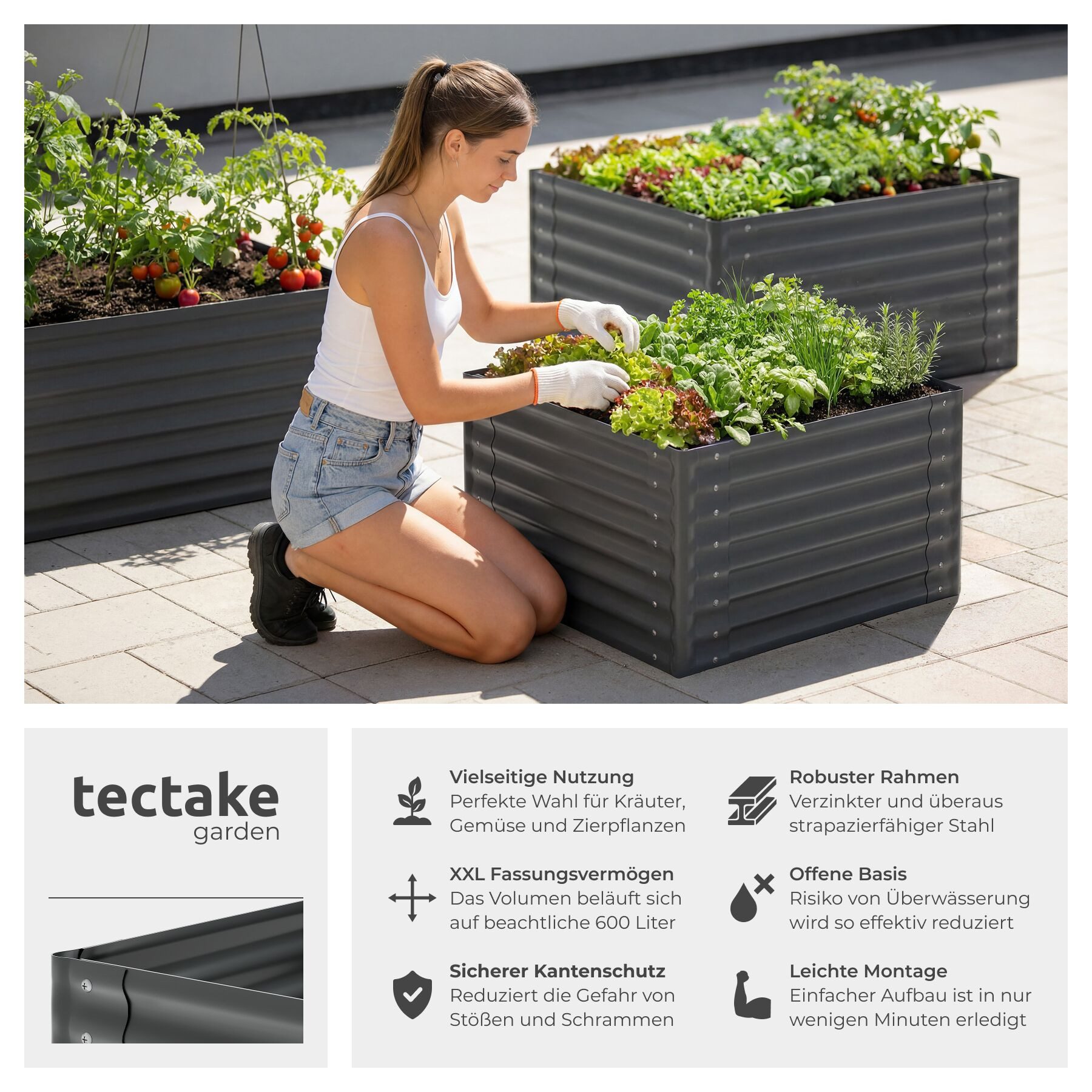 tectake Hochbeet Pflanzbeet aus verzinktem Stahl mit offenem Boden (Pflanzkasten Blomma, in anthrazit, 600 L), stabil, sicher, witterungsbeständig, inklusive Arbeitshandschuhe