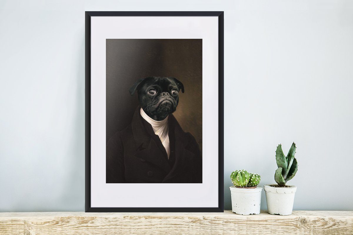 Bilderrahmen Meister Kunstdruck, Rahmen, - mit Alte Gerahmtes Poster, Schwarzem MuchoWow Hund (1 - Poster Tiere, St),