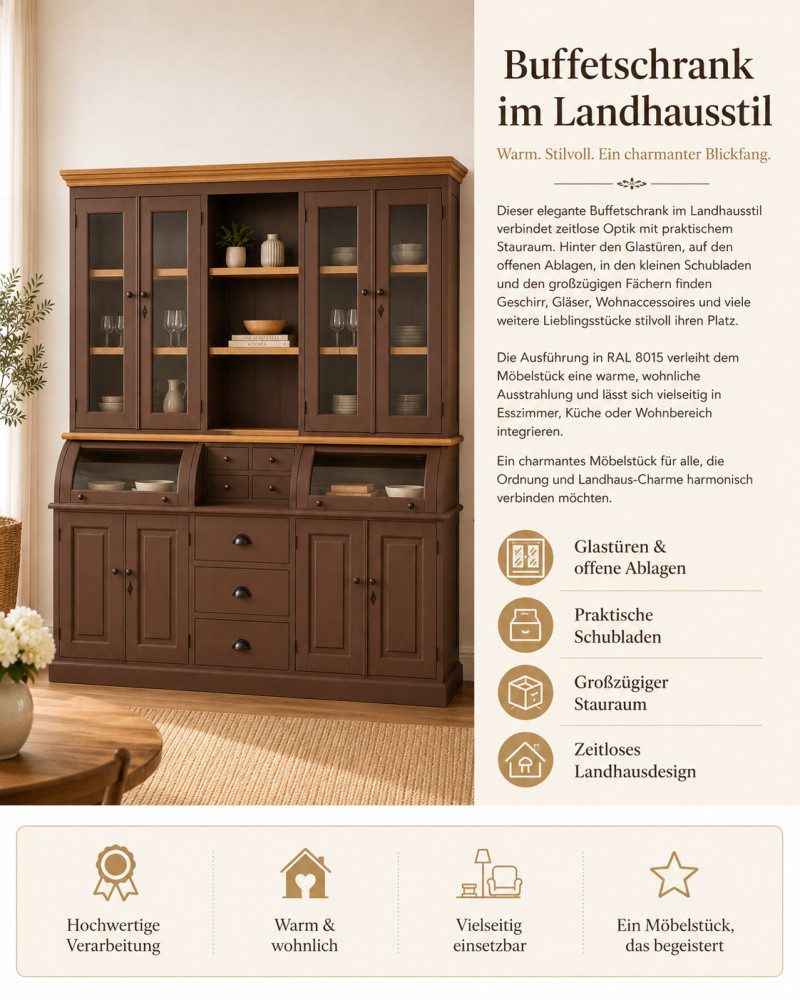 Wohnpalast Buffet Buffet Schrank Berlin 200 cm Kastanienbraun mit Eiche- Landhaus Möbel