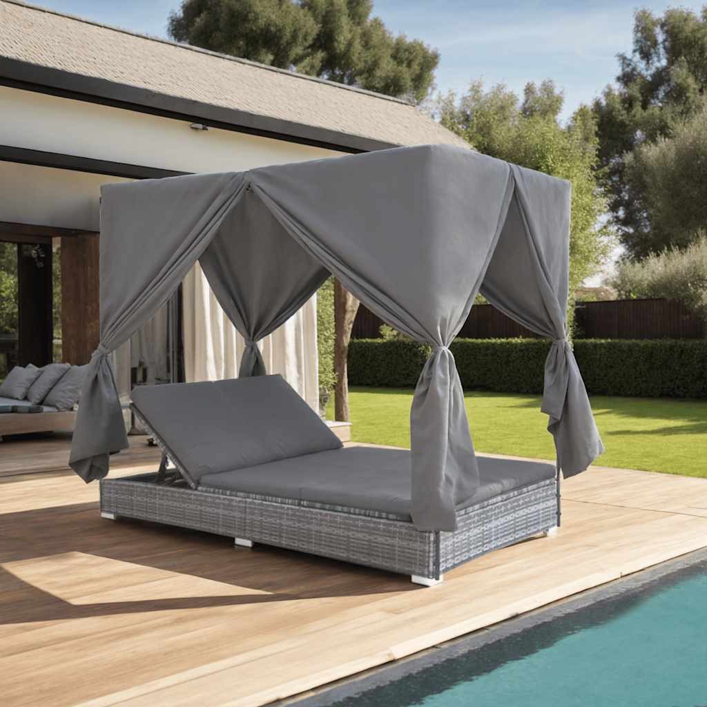 ZMH Garten-Essgruppe Outdoor-Lounge-Bett mit Vorhängen Poly Rattan Grau, Outdoor