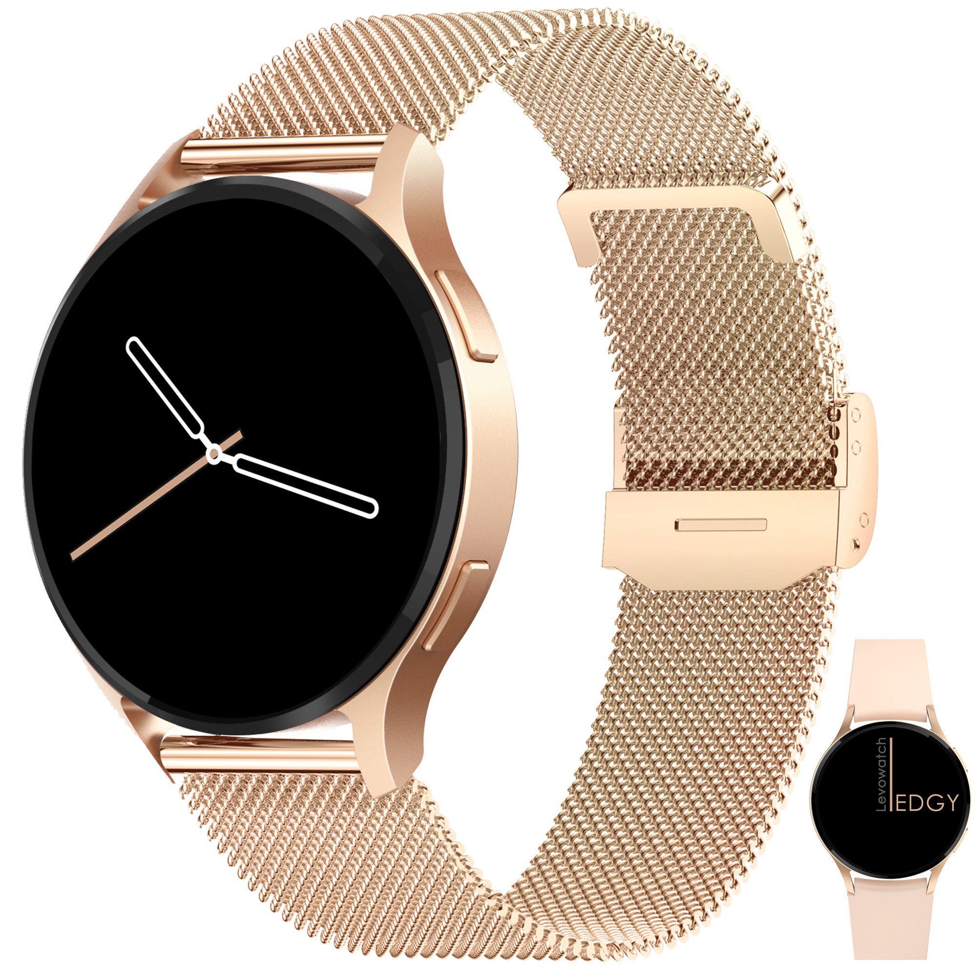 Levowatch EDGY Damen Smartwatch, AMOLED Always-On, KI Steuerung, Fitness Tracker Smartwatch (3,8 cm/1,43 Zoll, Android und iOS) inkl. Wechselarmband, 3-teilig, goldfarben, Edelstahlgehäuse, Telefonfunktion, Sprachsteuerung, Puls, Schlafüberwachung, wasserdicht, Blutdruck, Frauenmonitor, Anrufe, Musik, Markenqualität