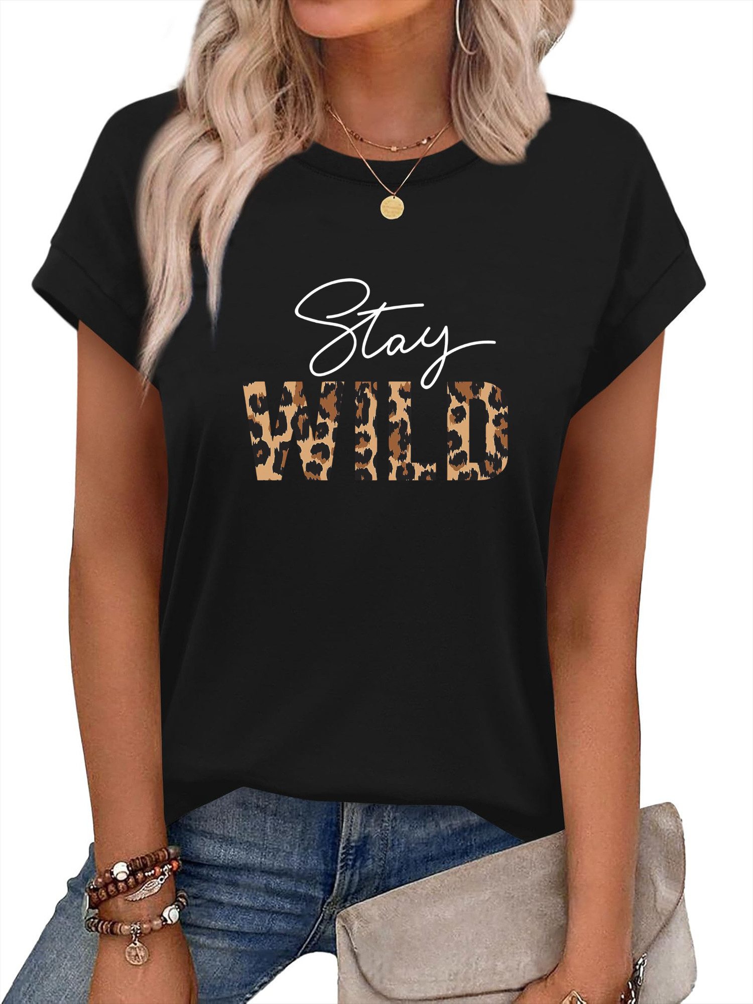 PYLIKE Carmenshirt Damen Elegant bequemes Kappenärmel mit Leopardenmuster P günstig online kaufen