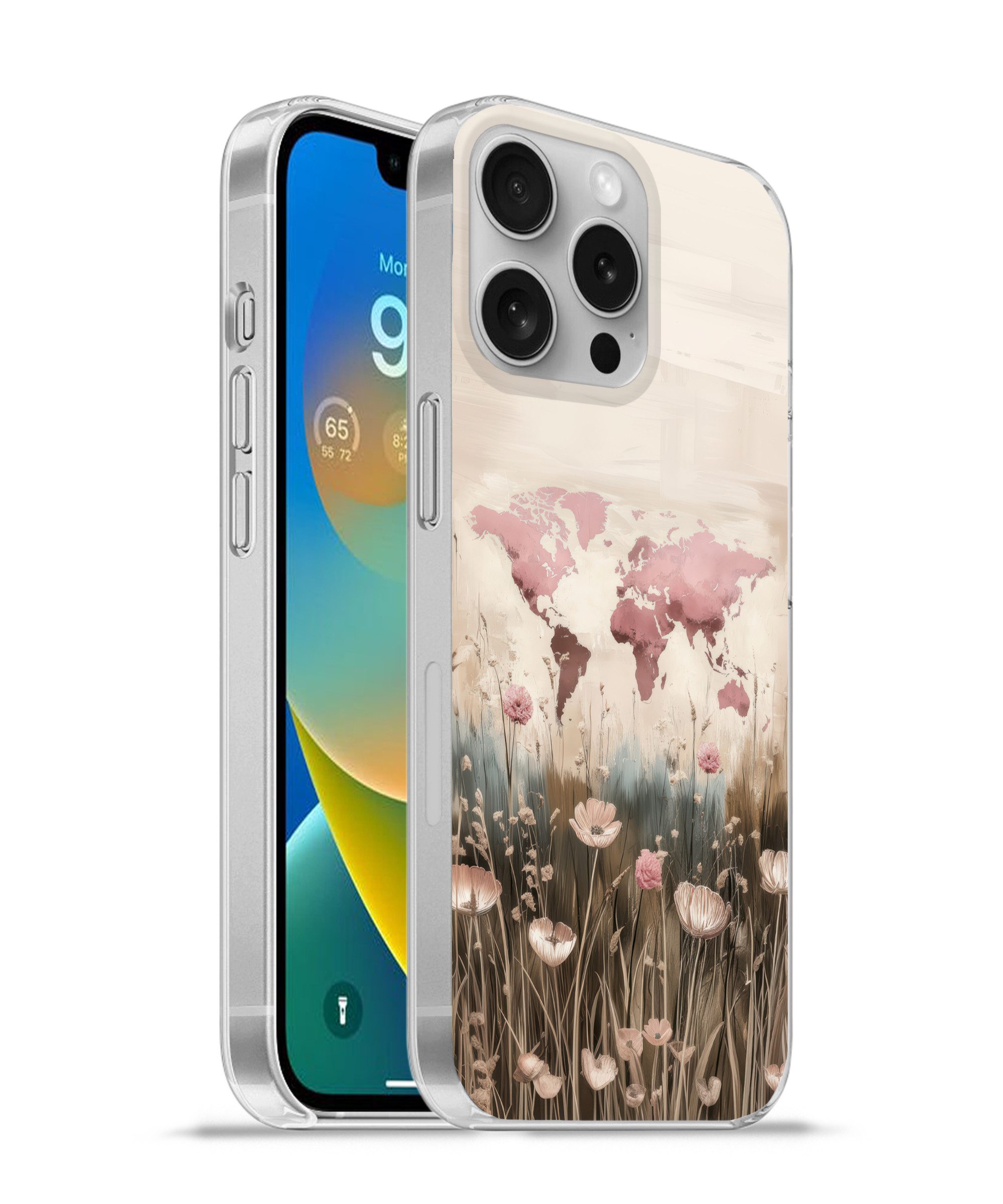 MuchoWow Handyhülle für Apple iPhone 16 Pro Weltkarte - Rosa - Blumen, Smartphone-Bumper, Print, Handy Schutzhülle Dünn