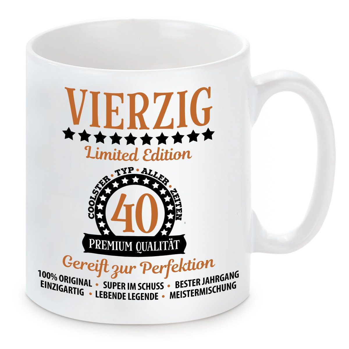 Herzbotschaft Tasse Kaffeebecher mit Motiv Vierzig - 40 - Limited Edition, Keramik, Kaffeetasse spülmaschinenfest und mikrowellengeeignet