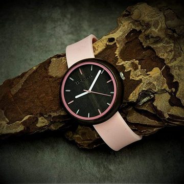 Holzwerk Quarzuhr LEIMEN Damen Holz Uhr mit Silikon Armband in rosa & schwarz