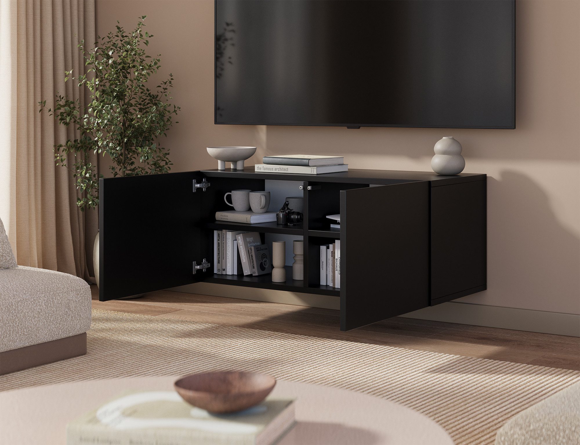MOEBLO TV-Board ALVARA 100 (TV-Lowboard 100 cm wandhängend, TV-Schrank mit 2 Klapptüren, TIP-ON, offenen Fächern, Stauraum, modernes Wohnzimmermöbel, grifflos,  – Bild 3 von 5