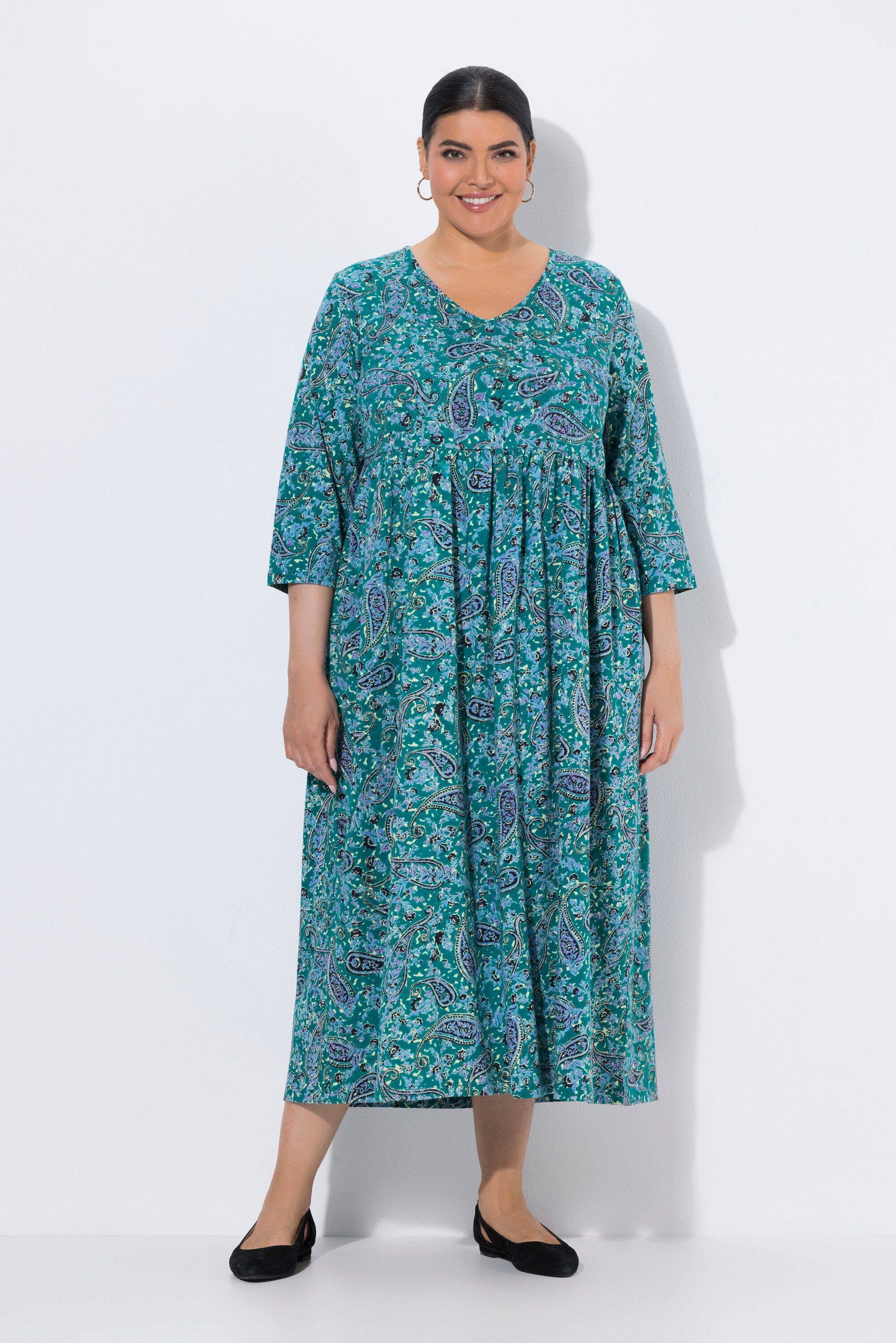 Ulla Popken Maxikleid Jerseykleid Paisley A-Linie V-Ausschnitt 3/4-Arm
