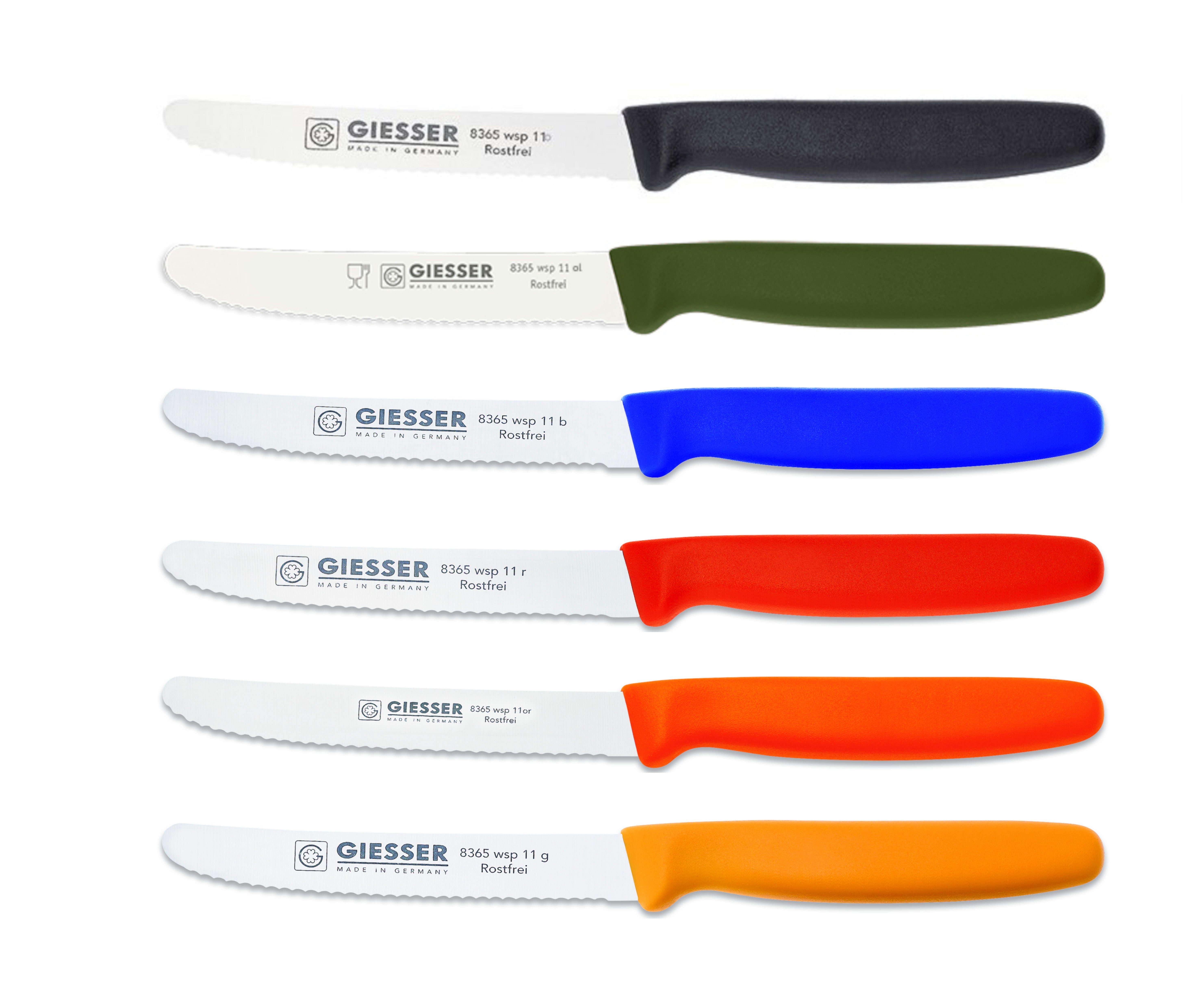 Giesser Messer Tomatenmesser Brötchenmesser 8365 wsp 11-6, 6er Set bunt gemischt; 3mm Wellenschliff; extrem Scharf s-ol-b-r-or-g