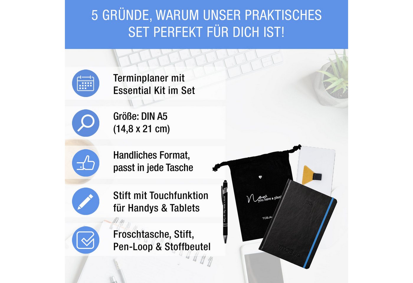 Thumbnail - TOBJA Buchkalender Taschenkalender 2026 A5 + Zubehör Essential Kit Set, Terminplaner, Froschtasche, Pen-Loop, Kugelschre...