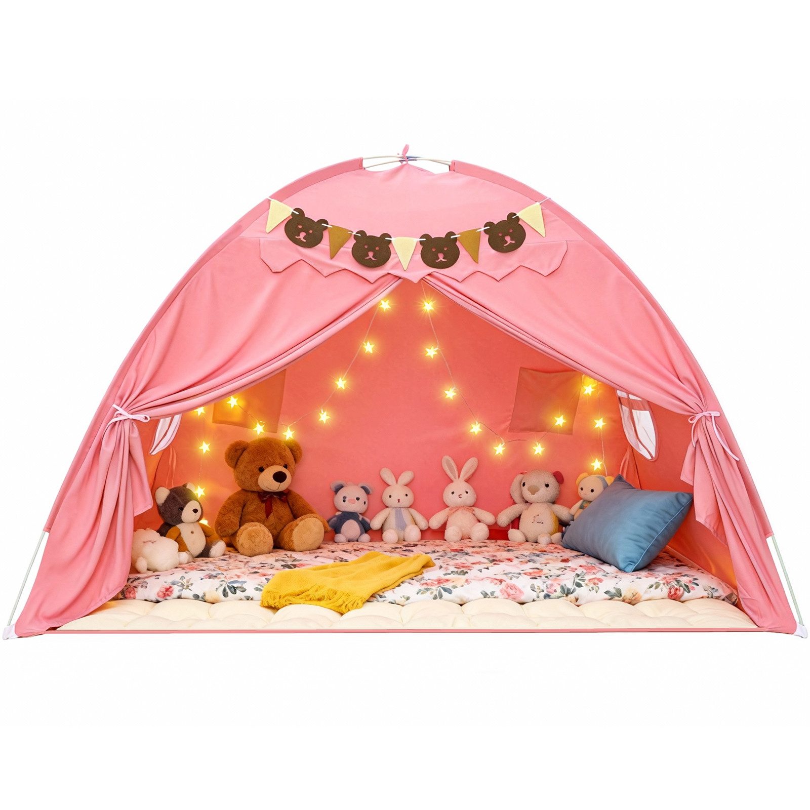 Insma Spielzelt 2 IN 1 Kinder Spielhaus Bettzelt Schlosszelt mit Sternen-Lichterkette und Bären-Wimpelkette, 196×140×132cm