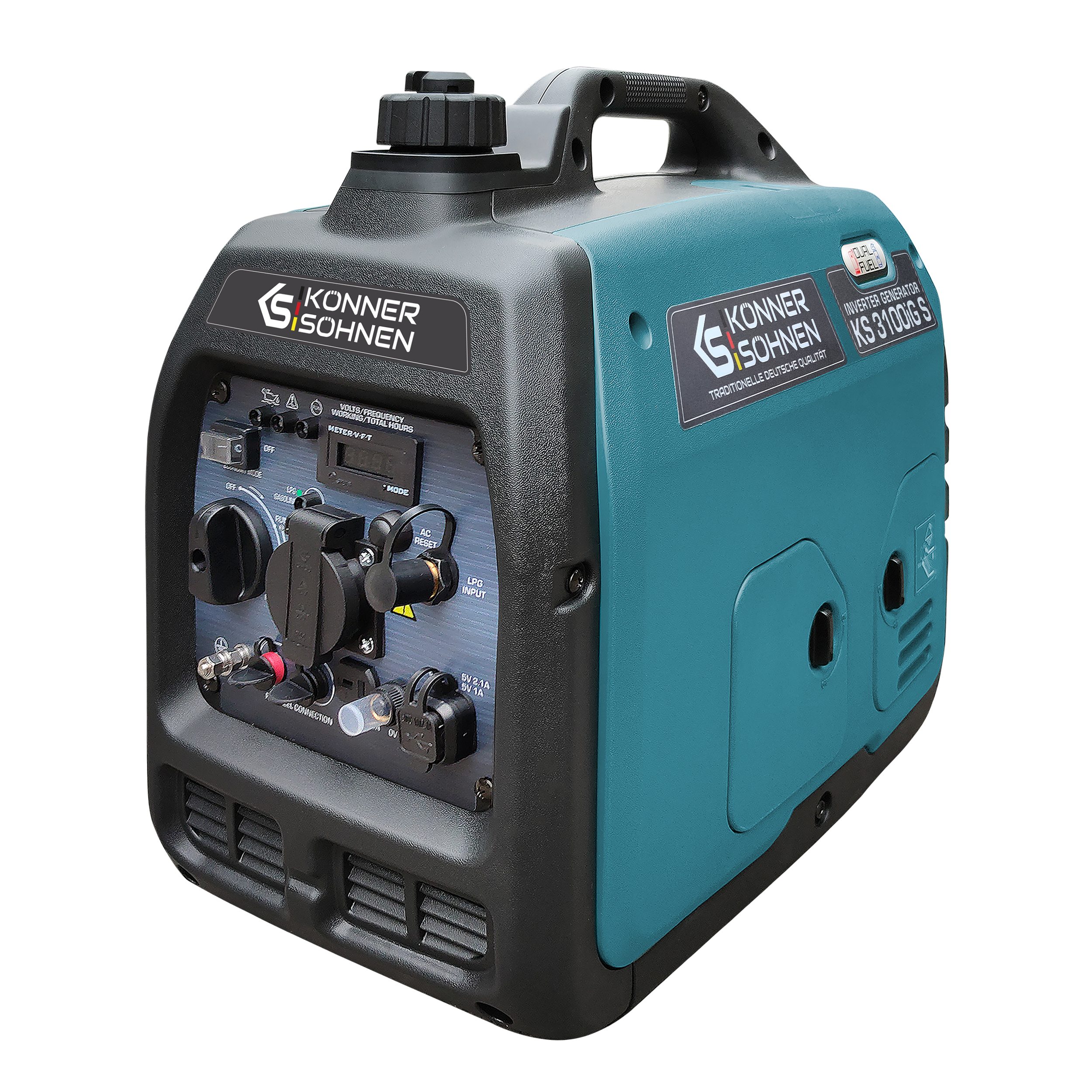 Könner & Söhnen Генераторы KS 3100iG S, 3,10 in kW, (Schallgedämmtes Gehäuse (63 dB Lpa 7 m), 1-tlg., Schuko-Steckdose 230 V, 2 USB-Anschlüsse, LED-Anzeige), Kupferwicklungen, Kurzschluss- und Überlastschutz, Abgasnorm EURO V