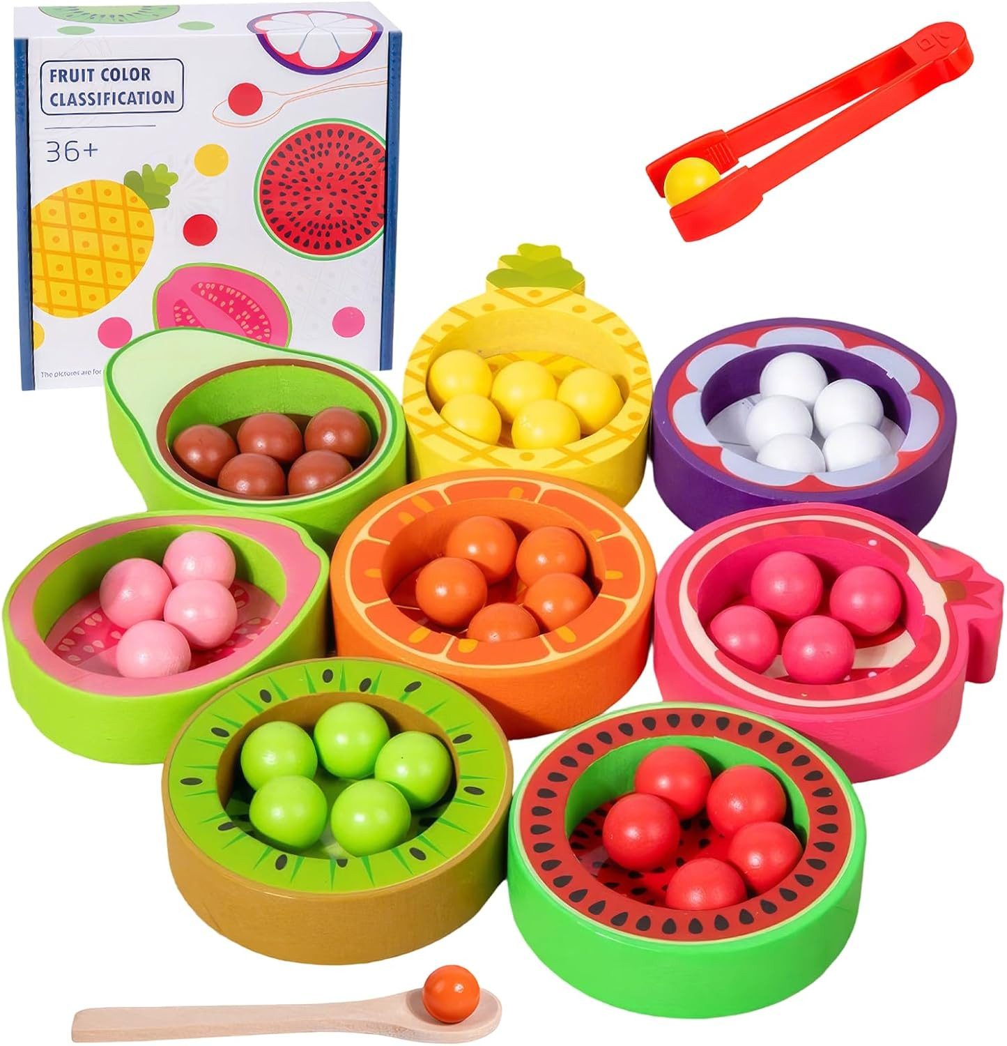 KEZIDHP Lernspielzeug Montessori Holzsortierspiel Früchte mit Kugeln, Löffel und Pinzette (Montessori Holzsortierspiel mit Früchten und Motorikzubehör, 8 Fruchtplatten, 40 Holzkugeln, Löffel, Pinzette und Stoffbeutel), Montessori, Sortierspiel, Feinmotori
