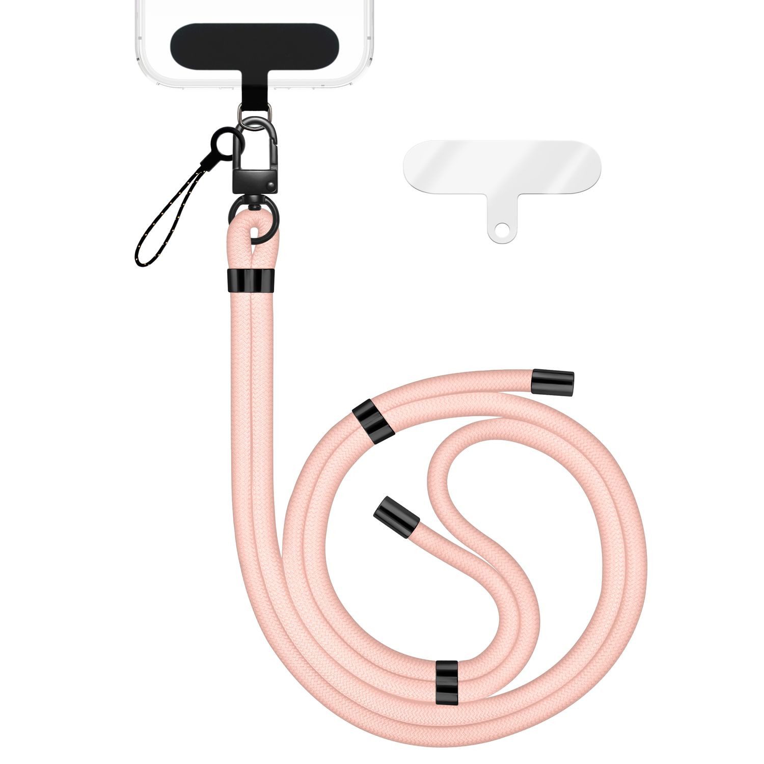 Nalia Handykette Universal Smartphone, Nylon Handyband / Karabiner Matt Schwarz & 2 Pads / 35-75cm Tragelänge