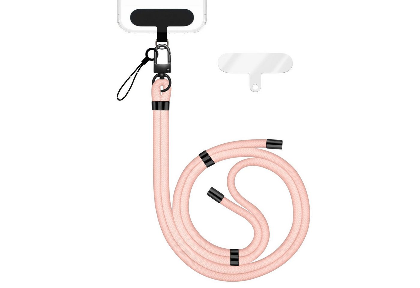 Nalia Handykette Universal Smartphone, Nylon Handyband / Karabiner Matt Schwarz & 2 Pads / 35-75cm Tragelänge