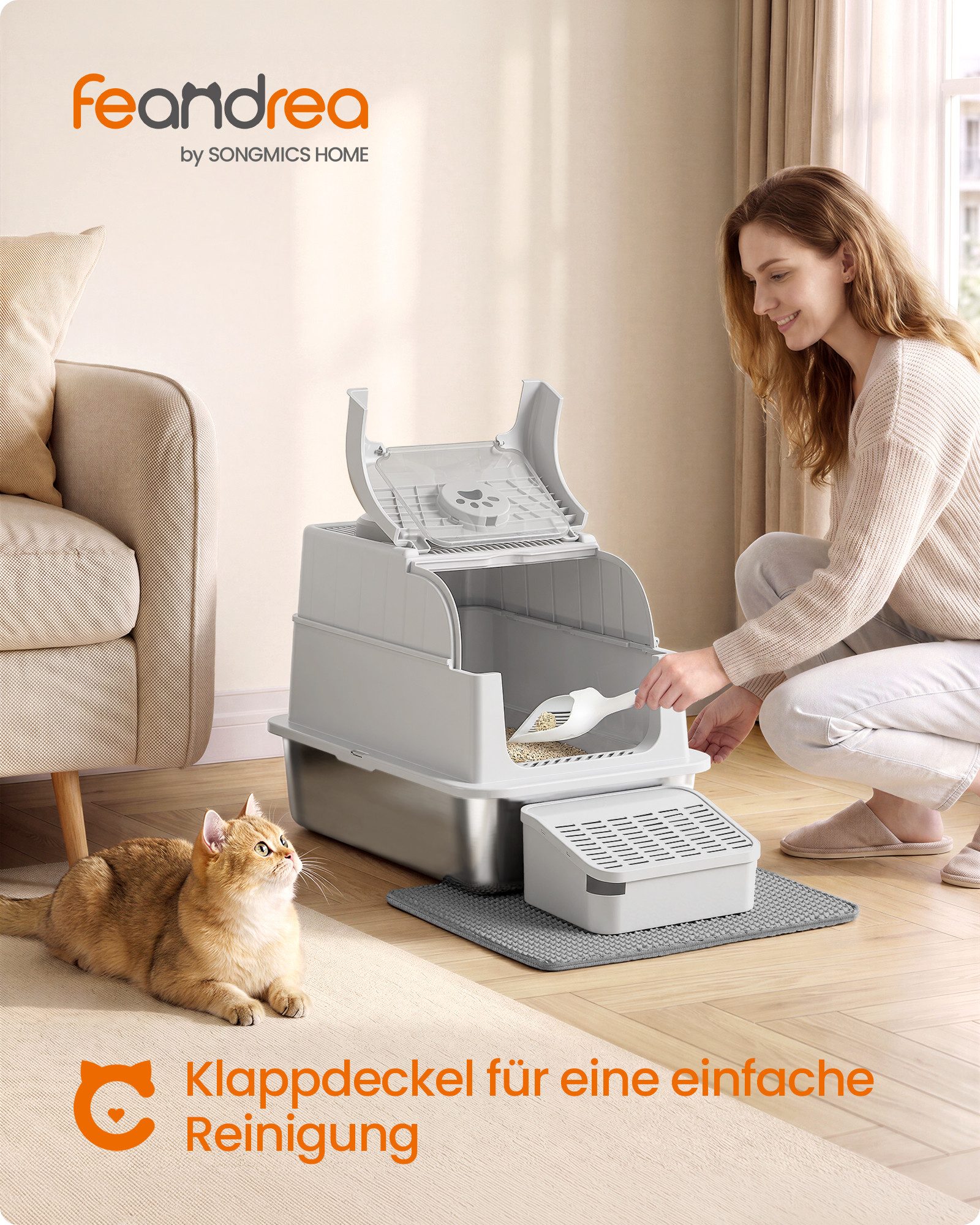 FEANDREA Katzentoilette mit Deckel,geschlossen, inklusive Schaufel und Bürste, für Katzen bis 15 kg