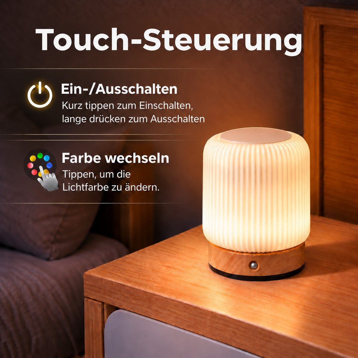 ibettertec LED Nachttischlampe LED Nachtlicht Nachttischlampe Touch-Lampe,USB,Dimmbar, LED fest integriert, stufenlos dimmbar, Soft-Light-Touch-Steuerung,Nachtl – Bild 3 von 5