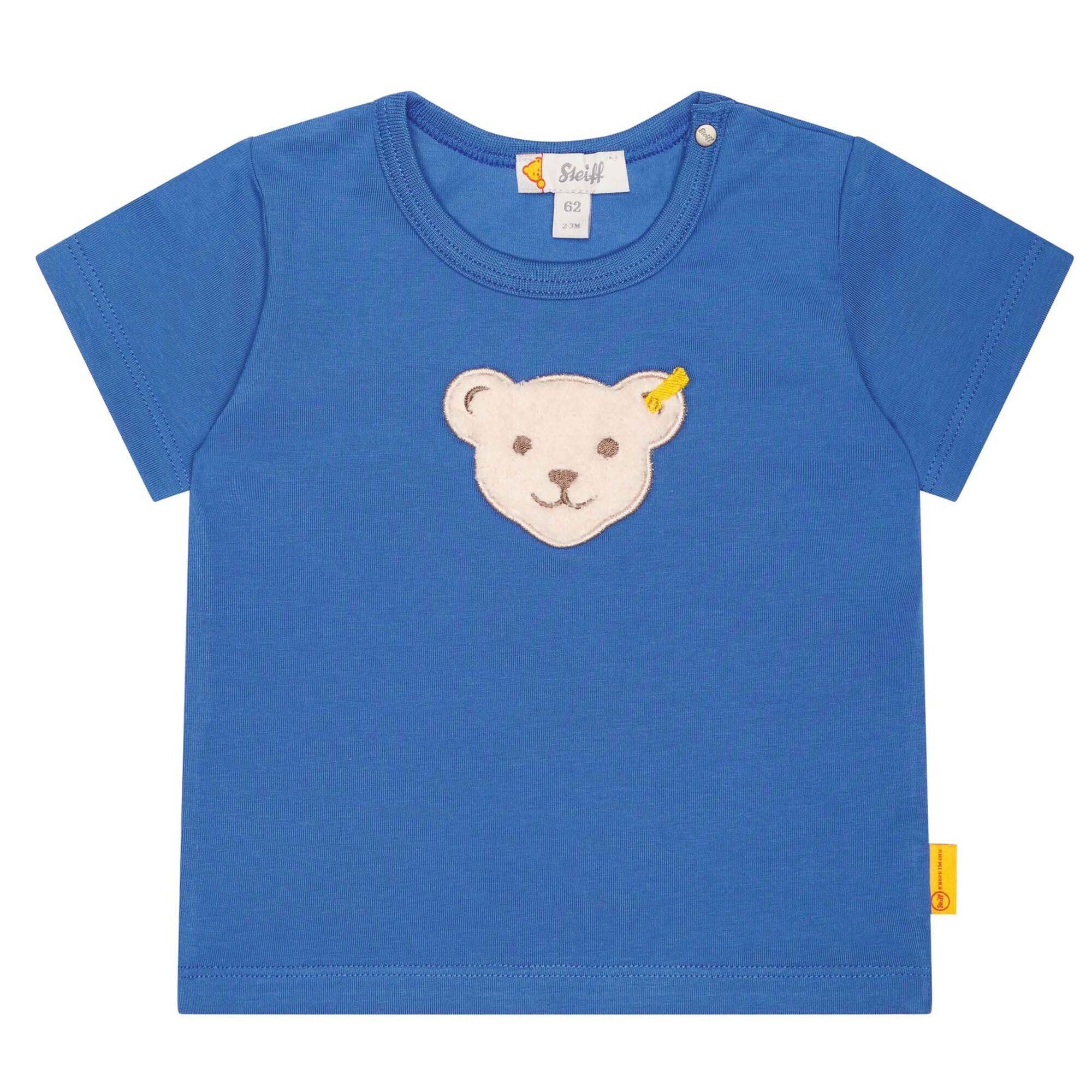 Steiff Langarmshirt Baby T-Shirt - Basic, Kurzarm, Teddy-Applikation Mittelblau