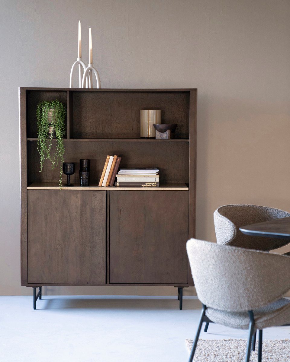 LEVEN Lifestyle Highboard MIO Bücherschrank Regal aus Mangoholz mit  Travertin Platte natur