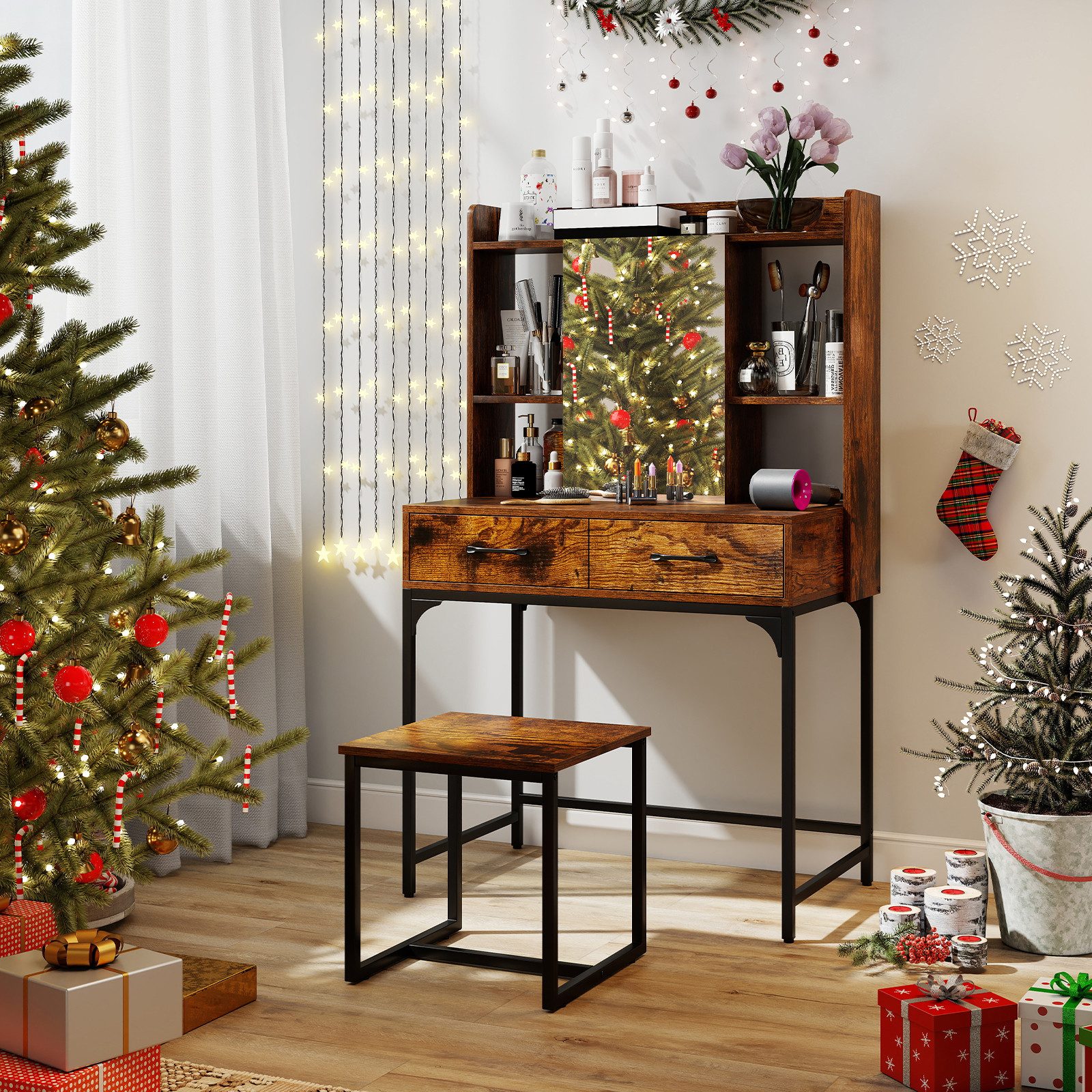 COSTWAY Schminktisch (1-St), Kosmetiktisch-Set mit Hocker, Spiegel, Schubladen