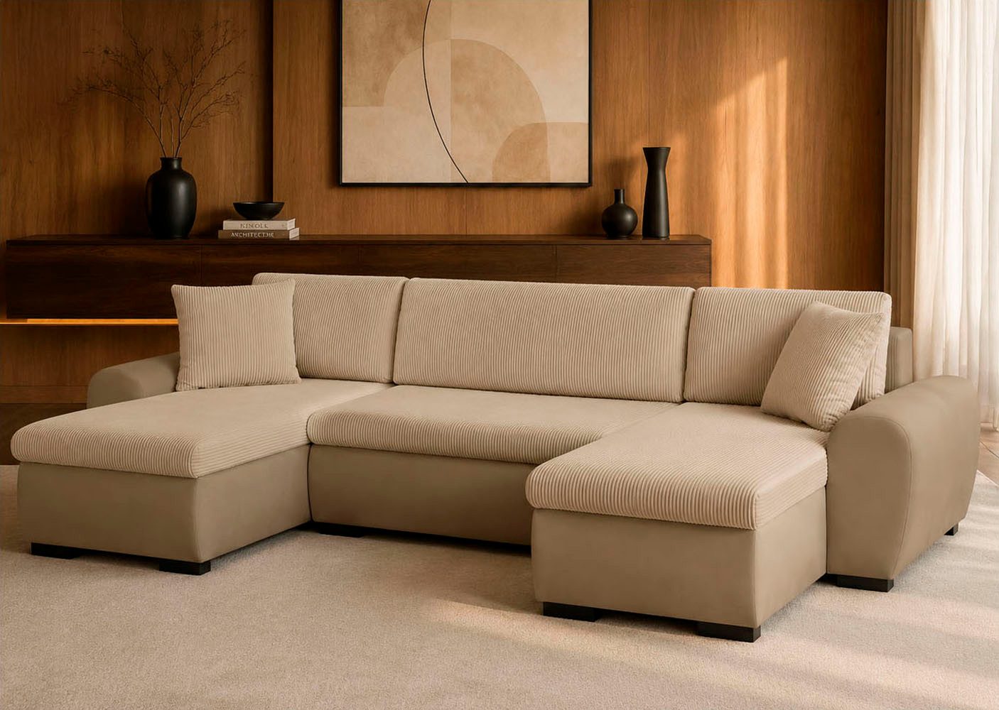 OTTO home Wohnlandschaft KIVELLA mit Schlaffunktion, Cord-Struktur, U-Form, 307 cm, Schlafsofa - Liegefläche (128/257), Bettkasten, Cord-Struktur-Mix