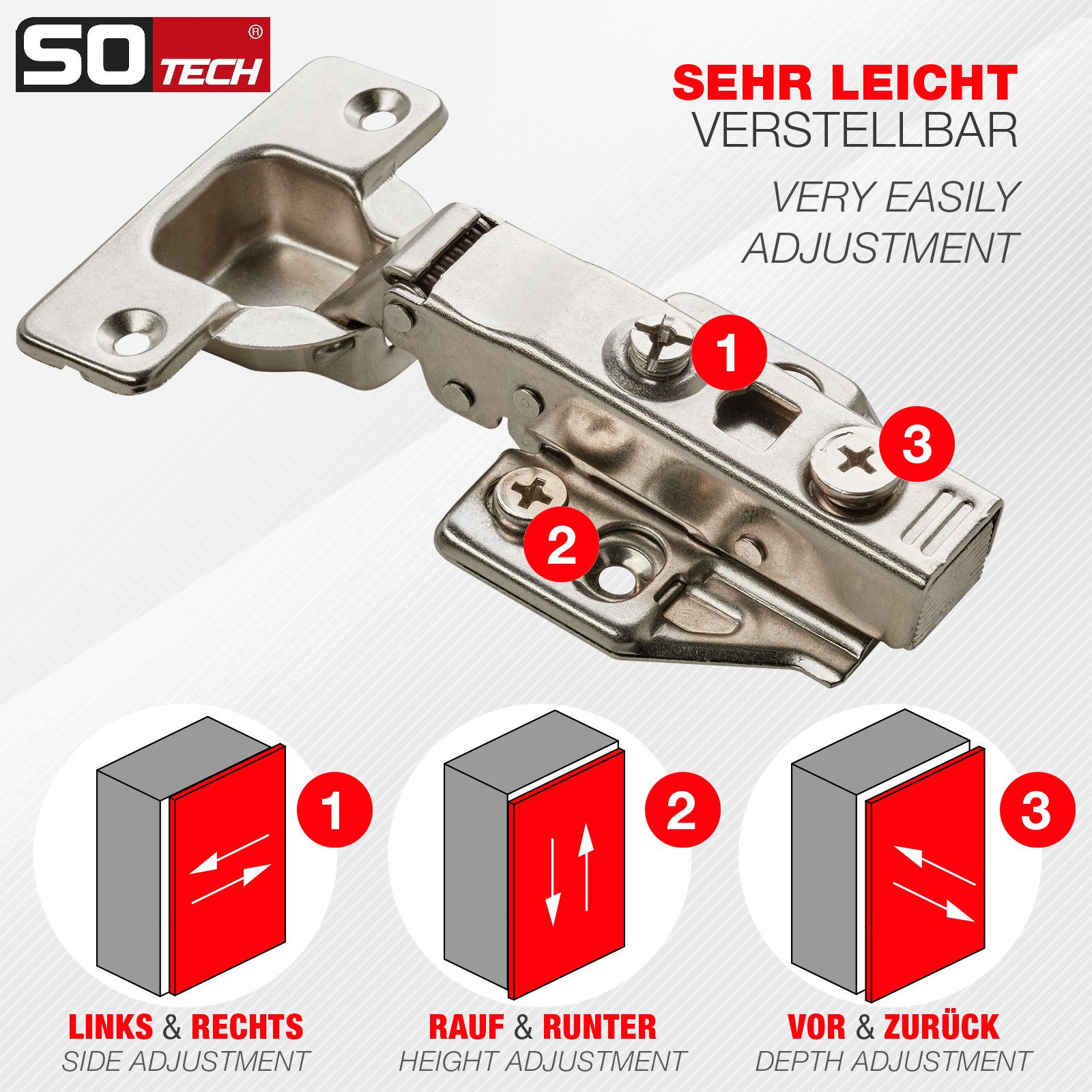 SO-TECH® Möbelbeschlag Topfband T48 110° inkl. Kreuzplatte mit Exzenterverstellung (2 St), Eckanschlag mit Dämpfer (Schließautomatik), werkzeuglose Topfmontage