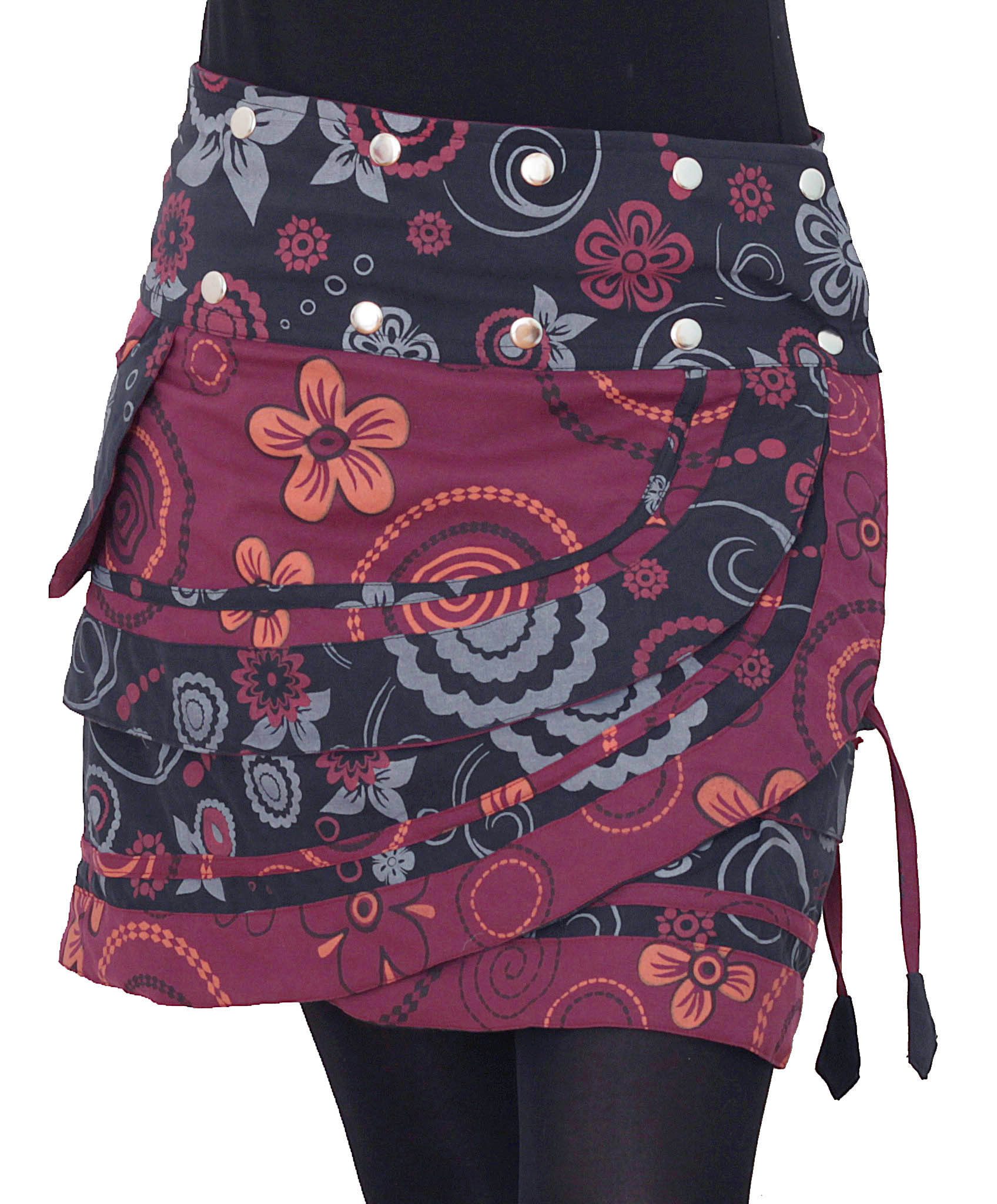 PUREWONDER Wickelrock Damen Wickelrock mit Blumen und femininem Muster Nr. 182 Schwarz Baumwolle Einheitsgröße