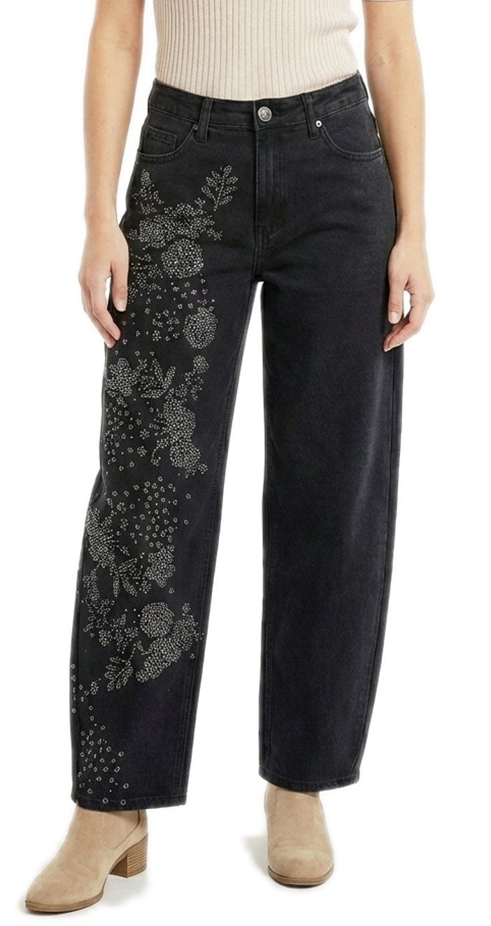 dy_mode Weite Jeans Damen Barrel-Jeans mit Glitzer-Verzierung Weit Bein Jeans Wide Leg, Barrel Schnitt, mit Glitzer-Verzierung