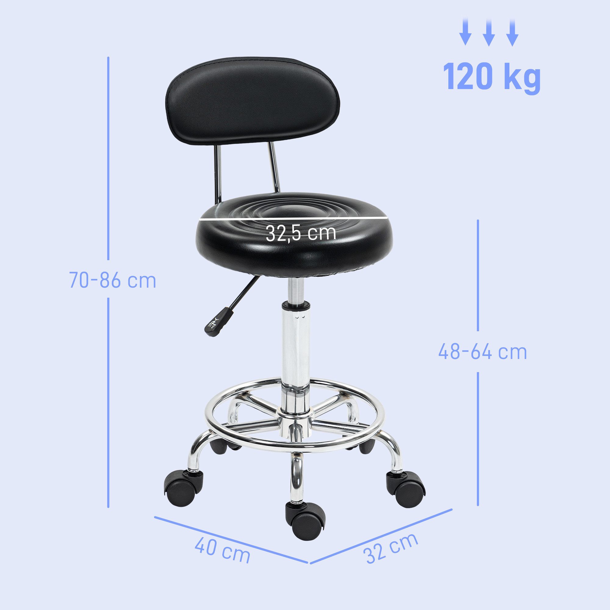 HOMCOM Drehhocker Rollhocker höhenverstellbar Drehbar Salon Hocker mit Lehne (Arbeitshocker, 1 St., Bürohocker), für Büro, Schwarz