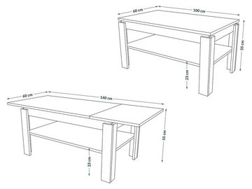 designimpex Couchtisch Design Couchtisch Tisch Asti-R ausziehbar mit Ablagefläche Esstisch