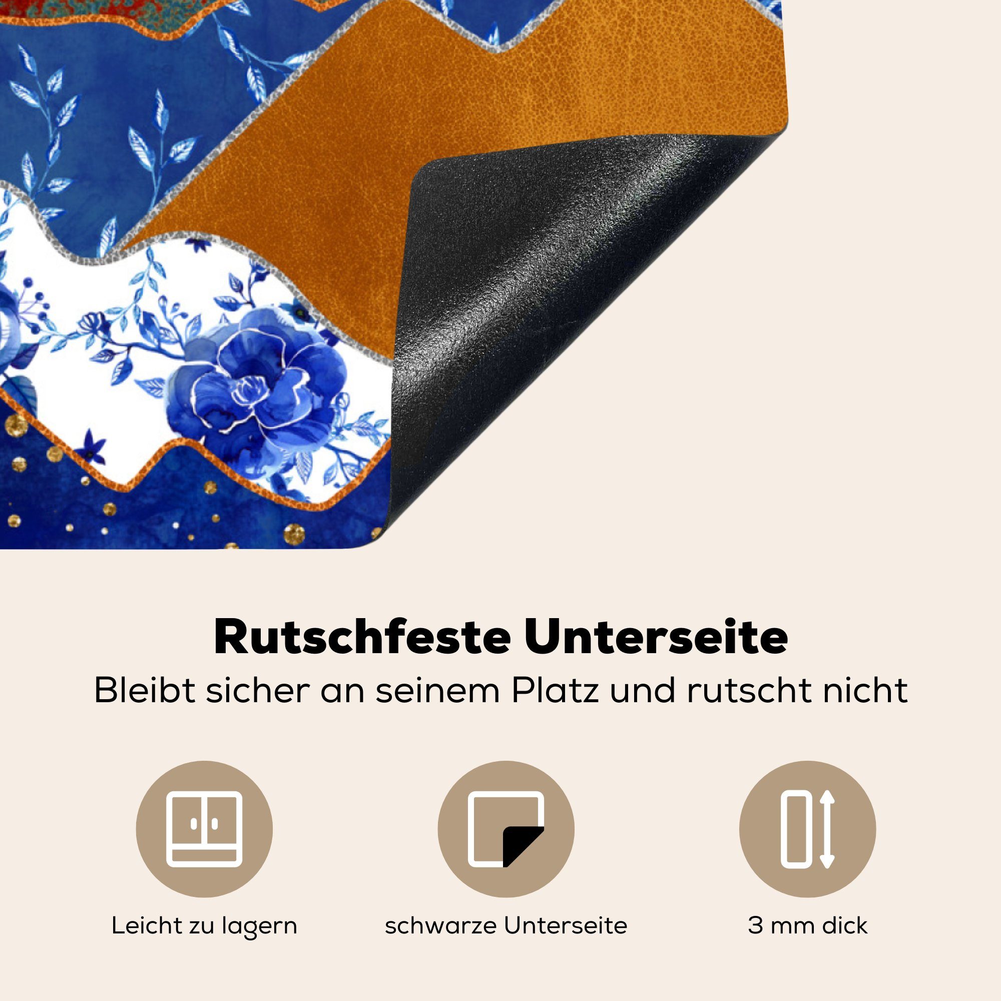 Ceranfeldabdeckung, (1 - - für Delfter küche Blau 78x78 Muster, Gold cm, tlg), MuchoWow Arbeitsplatte Vinyl, Herdblende-/Abdeckplatte