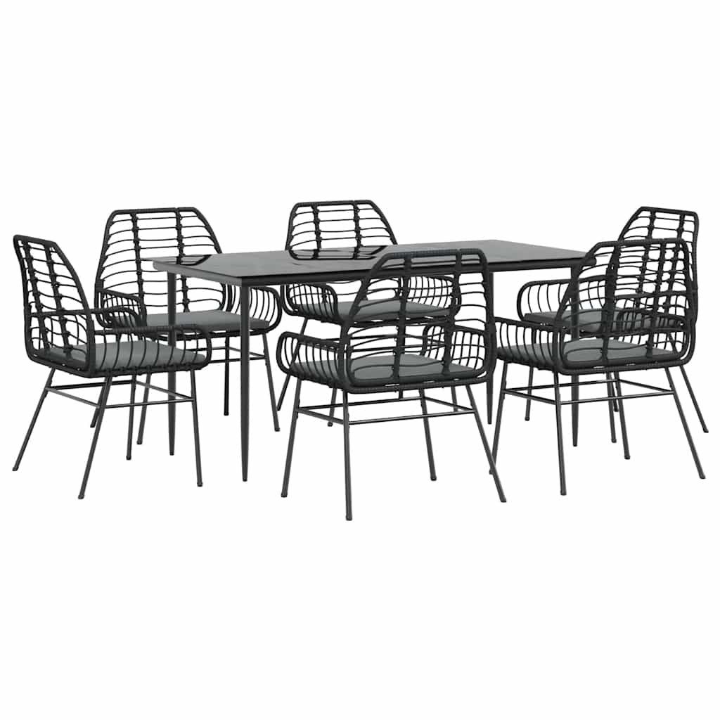 Garten-Essgruppe 7-tlg. Garten-Essgruppe mit Kissen Schwarz Poly Rattan Glas