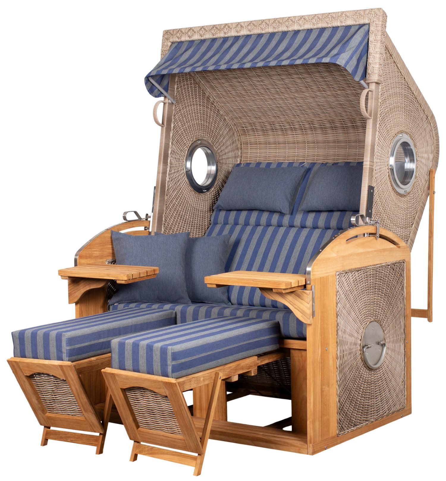deVries PURE® Strandkorb Sailor XL - PE white kubu - Dessin 249, BxTxH: 135x90x165 cm, Halblieger, Ostsee-Strandkorb, feines Teakholz - inkl. Rückholfeder und Schutzhülle