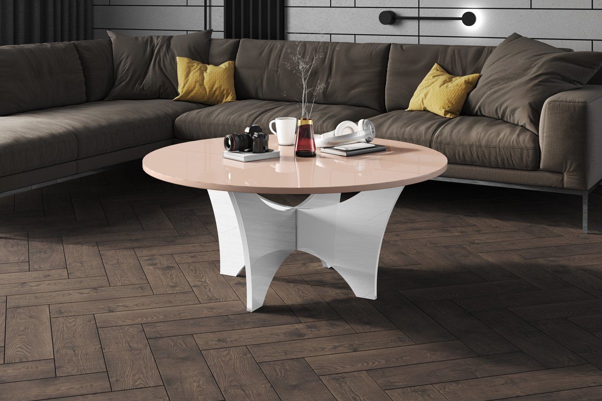 designimpex Couchtisch Design HRA-111 Hochglanz Wohnzimmertisch Rund Tisch 100 cm x 40 cm Cappuccino Hochglanz - Weiß Hochglanz | Couchtische