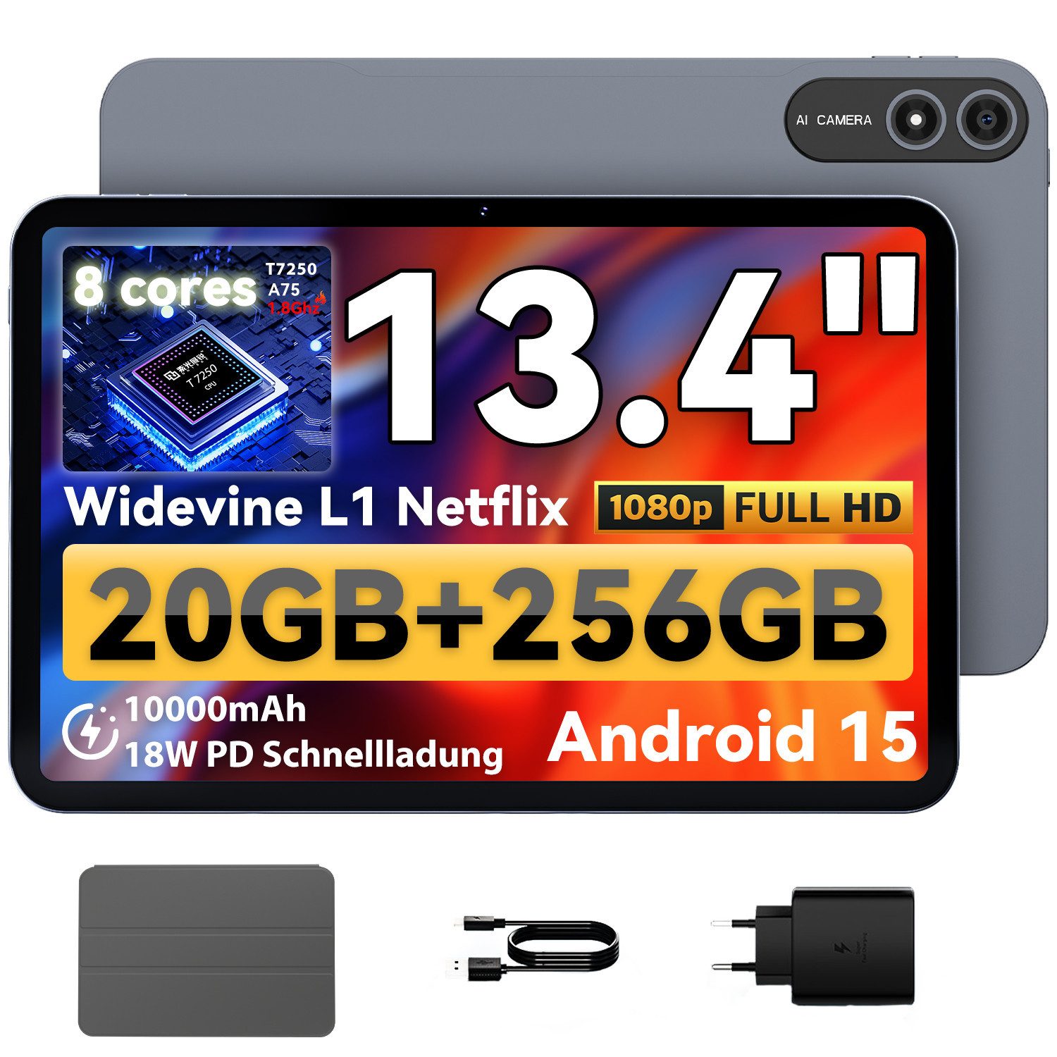 BNCF BPad 13, Android 15,20(6+14)GB+256GB, 13.4'',Mit Schutzhülle,WiFi Tablet (13.4", 256 GB, Android 15, WiFi, 13,4-Zoll-IPS-Full-HD-Display, inklusive Tablet-Hülle)