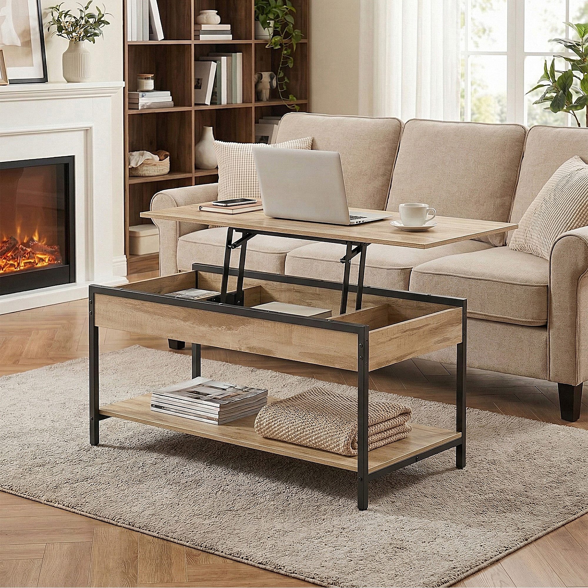 VASAGLE Couchtisch höhenverstellbar, Wohnzimmertisch, rechteckig, Stauraum (inkl. Zubehörpaket & Anleitung, aufklappbar), Schreibtisch, Basis-Höhenverstellung, Kaffeetisch 50 x 100 x 45/58,5cm