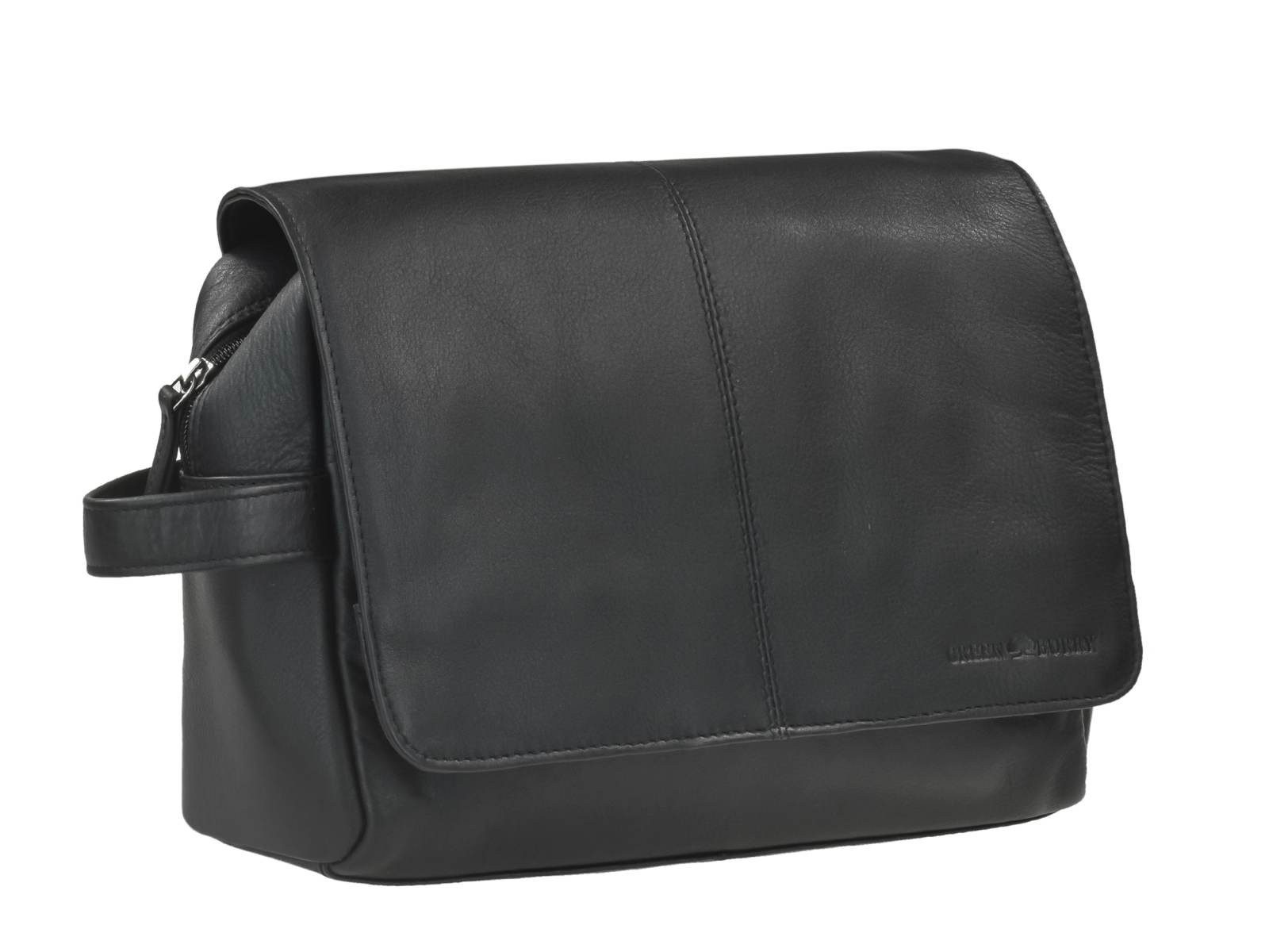 Greenburry Kulturbeutel Vintage Black Leder Kulturtasche zum Anhängen, Kosmetikbeutel, Waschtasche, für Damen und Herren, schwarz