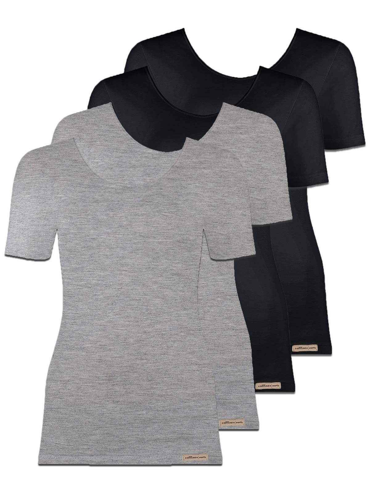 Unterhemd Baumwoll COMAZO 4-St) Unterhemd Damen Shirt (Spar-Set, Vegan 4er Pack grau-melange-schwarz