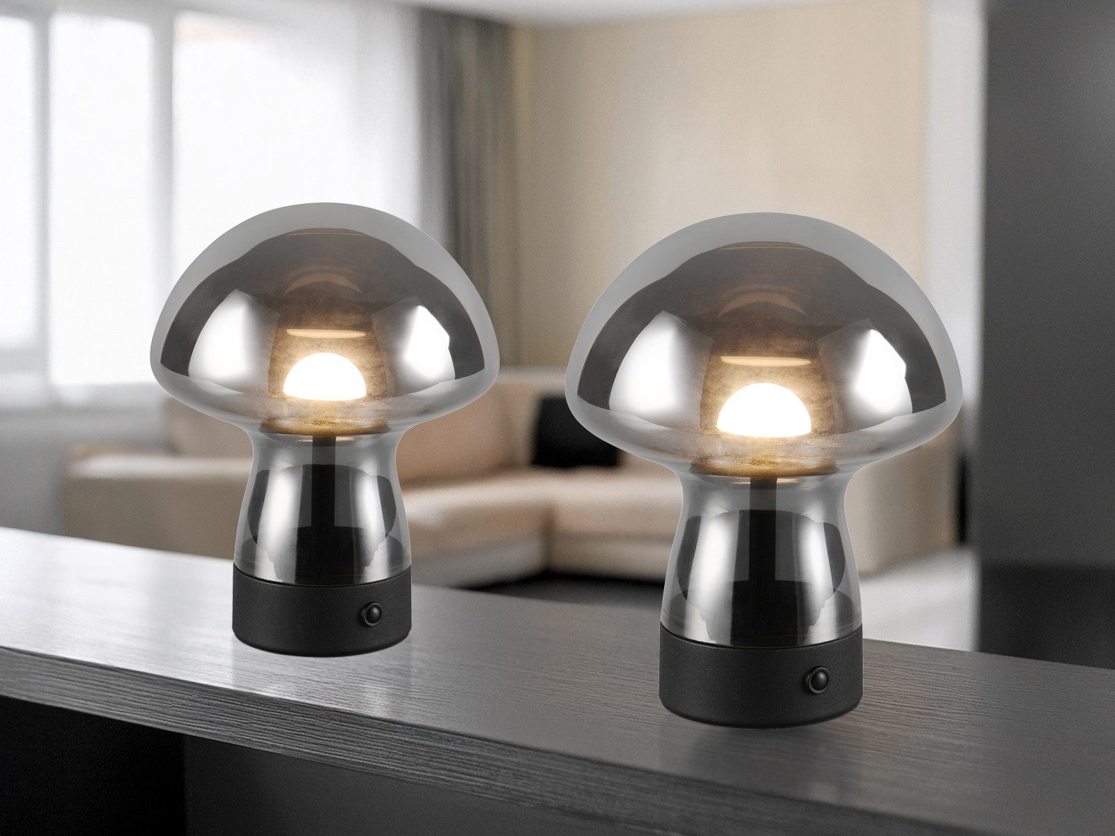 Reality Leuchten LED Tischleuchte, Dimmfunktion, LED fest integriert, Warmweiß, 2er SET kleine kabellose Akku Pilzlampe aufladbar aus Rauchglas H:18cm