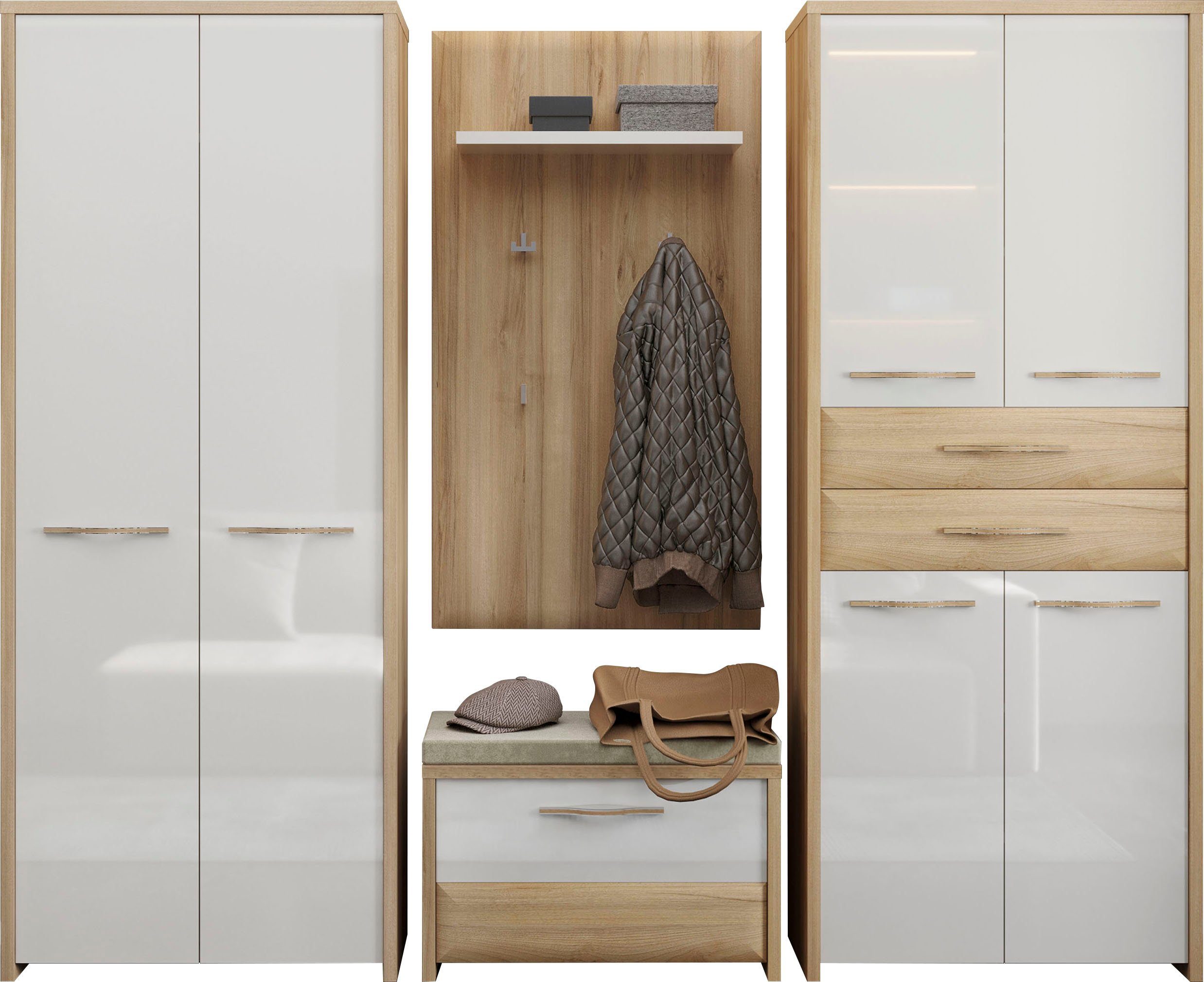 OTTO home Garderoben-Set Gala, (Set, 4-St., zwei Garderobenschränke, eine Schuhbank und ein Garderobenpaneel), Soft-Close Funktion, Hochglanz UV lackiert