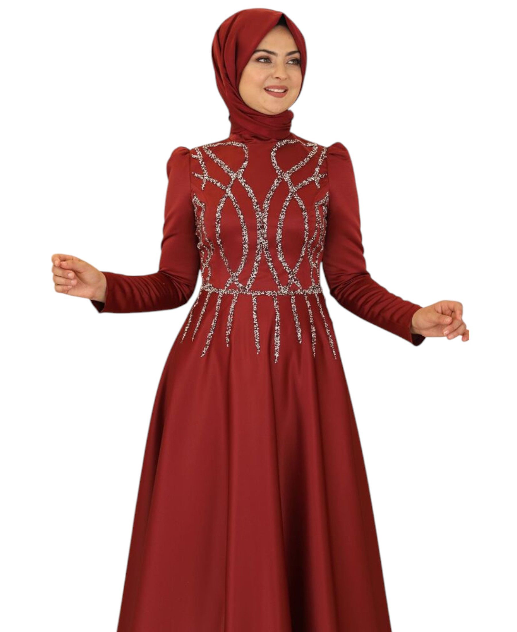 fashionshowcase Satinkleid Maxikleid in Satinoptik mit Schmucksteinbesatz - Modest Fashion Abiye Vollbedeckend und Langärmelig