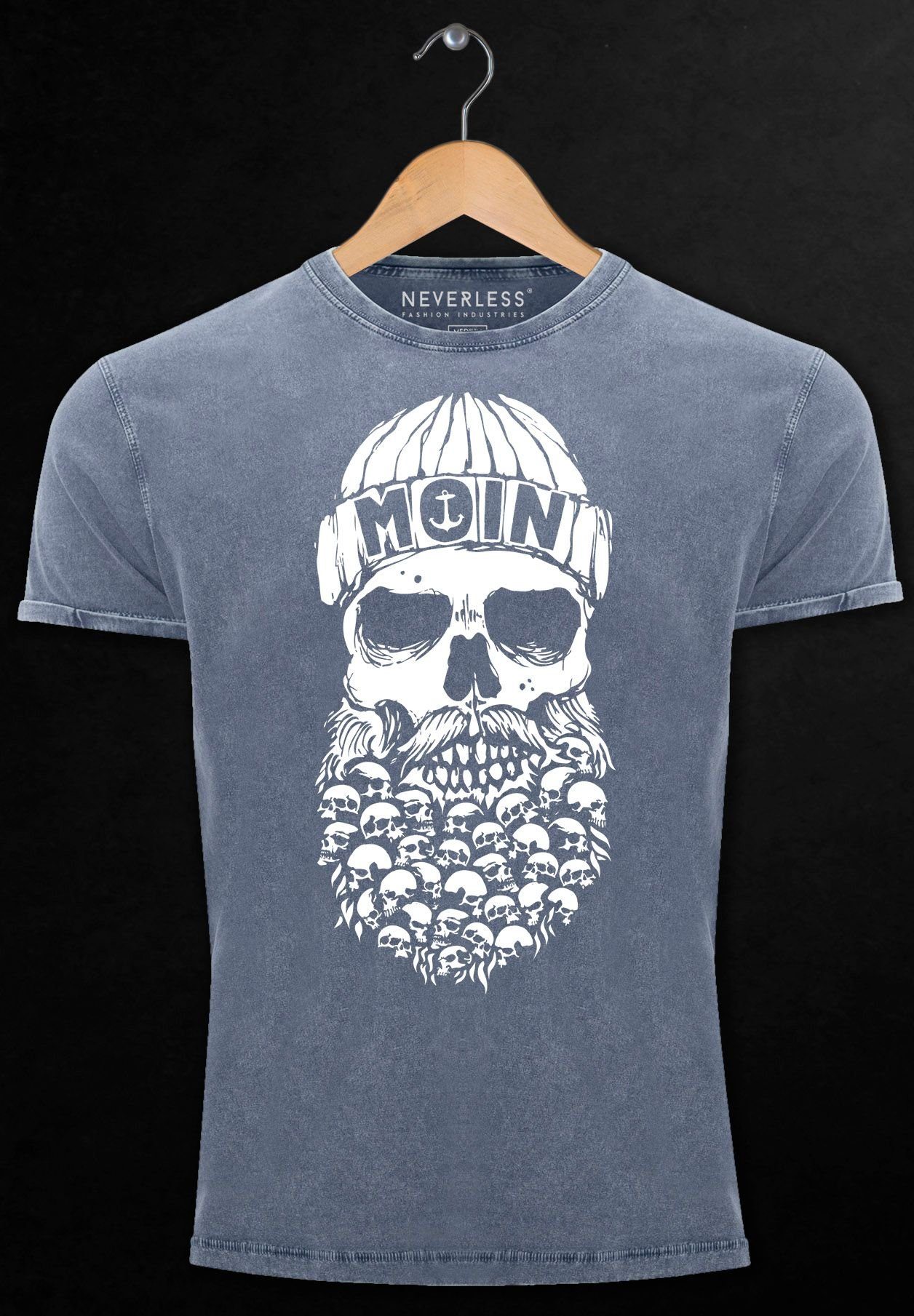 Neverless Print-Shirt Herren Vintage Hamburg Shirt blau mit Skull Ank Print Moin Totenkopf Dialekt Nordisch