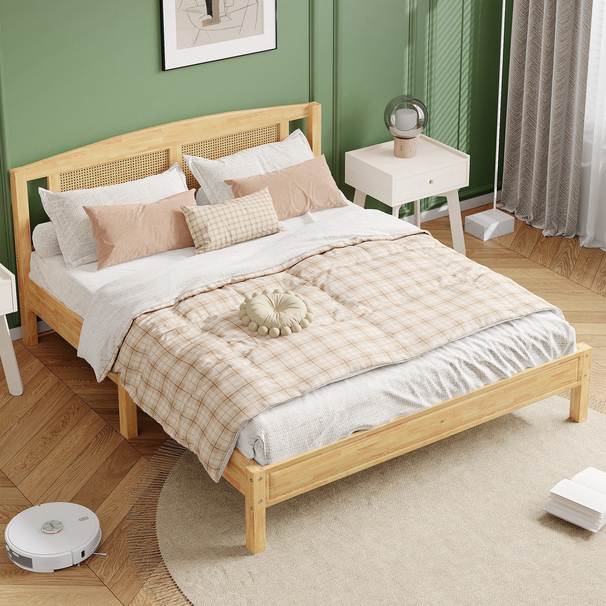 Odikalo Strickmaschinen-Doppelbett Rattan- Erwachsenenbett,Rattannetzkissen, Kiefer + PE-Rattan,160X200cm, Doppelbett mit 15 Latten und Mittelfüße, Robust und langlebig, Natur