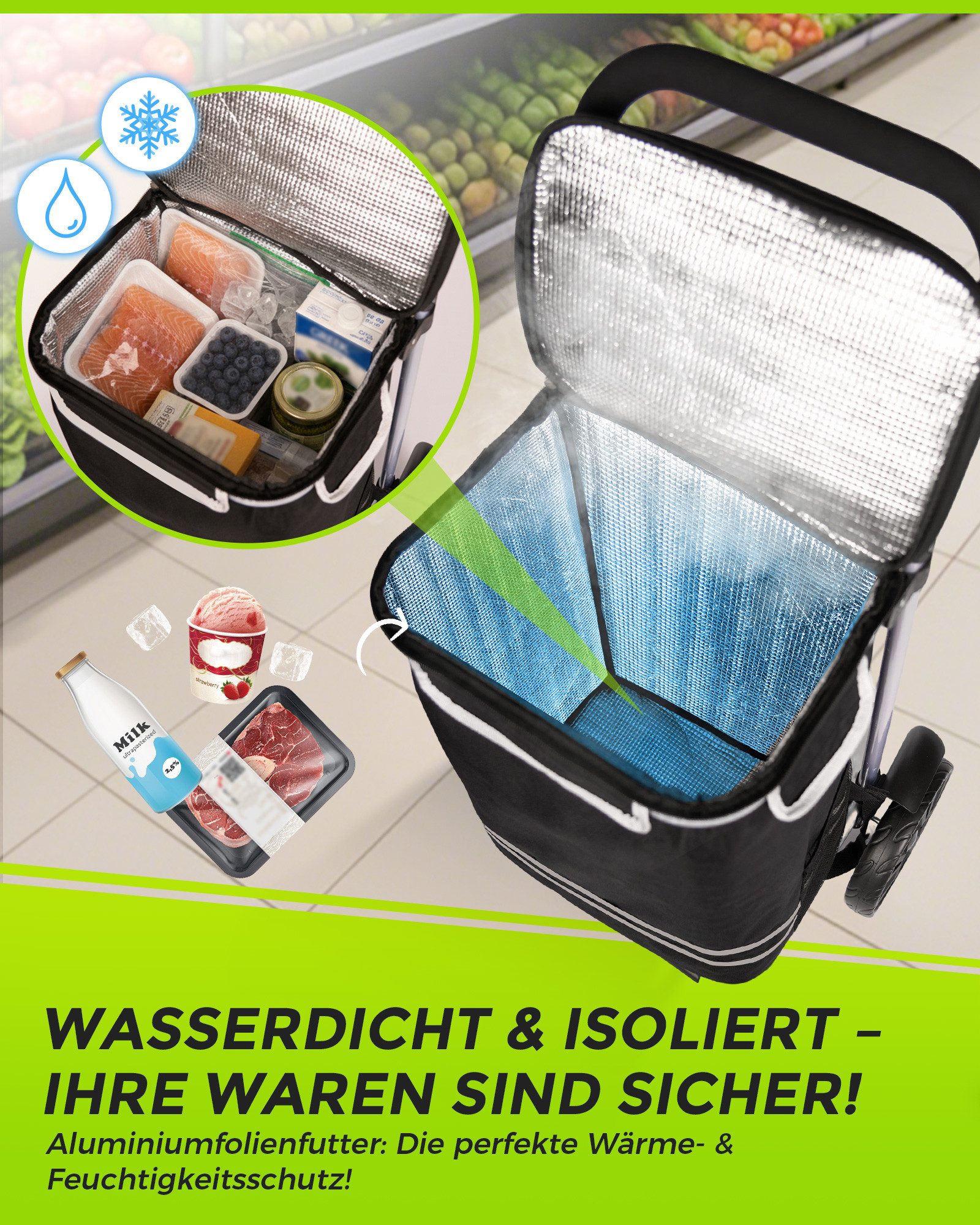 Oak&Tea Einkaufstrolley 3 in 1 Klappbarer Einkaufswagen mit Kühlfach, 67 l, Faltbarer Transportwagen, Wasserdicht, Rucksackfunktion bis 60KG – Bild 5 von 5