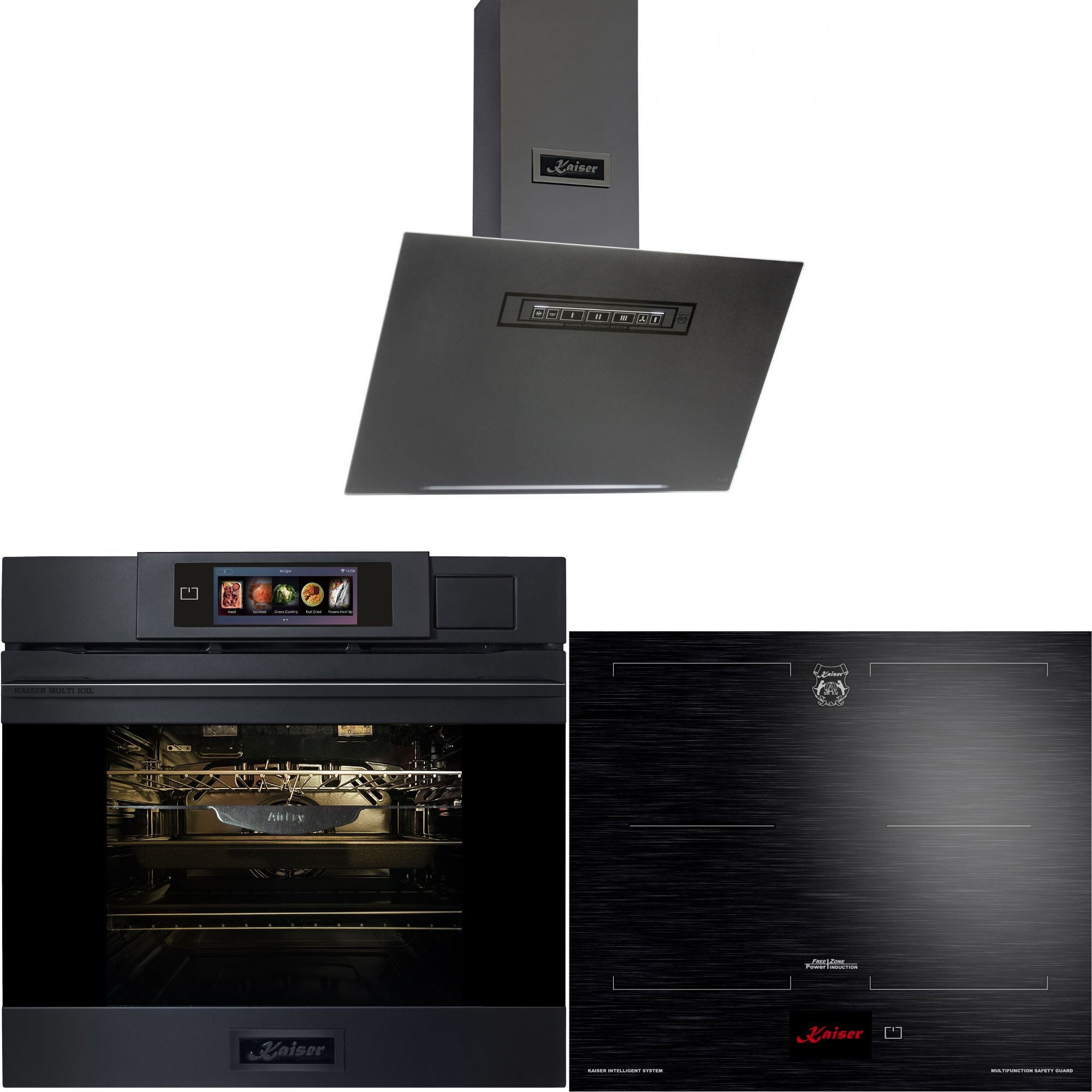 Kaiser Küchengeräte Backofen-Set Herd Set Autark Einbaubackofen XXL Multi 37,Multifunktions-Elektro-Dampfbackofen mit Dampfreinigung, 60 cm+Induktionskochfeld 60 cms • TFT Display 4 Induktions-Kochzonen (Booster) davon 2 FlexInduktions-Zonen+ Dunstabzugshaube 60cm EH 6341+KCT 6140 FI+AT 6402 ECO, mit 1-fach-Teleskopauszug