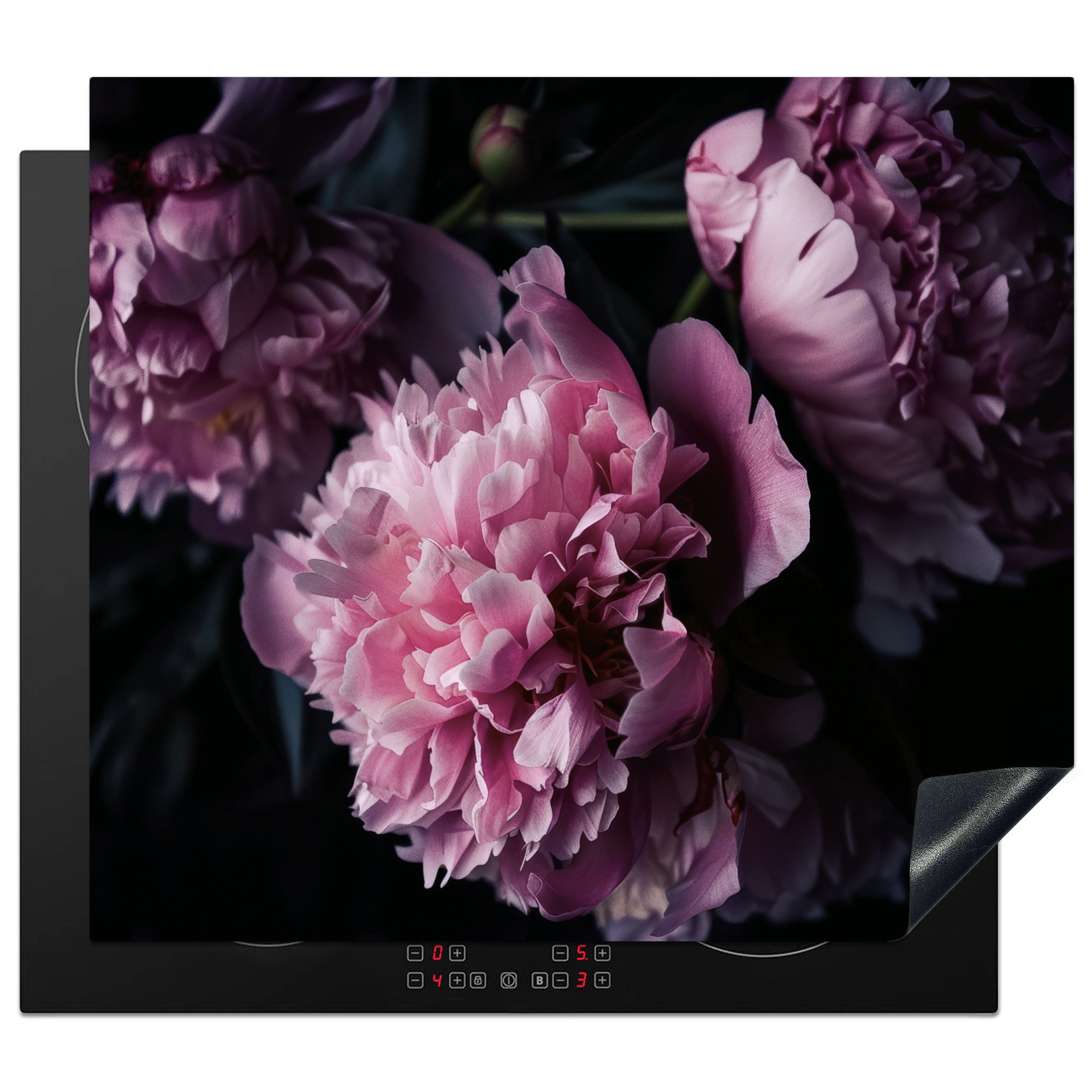 MuchoWow Herd-Abdeckplatte Blumen - Rosa - Pfingstrosen - Schwarz, Vinyl, (1 tlg), Ceranfeldabdeckung Küche, Herdabdeckplatte Einteilig, 60x52 cm