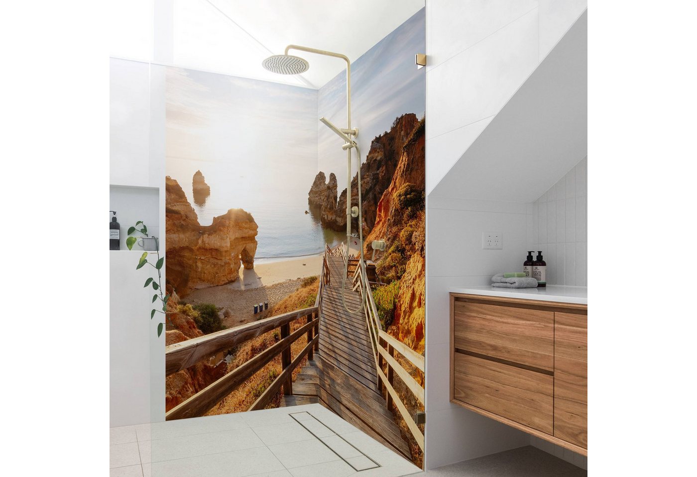 Thumbnail - Bilderdepot24 Duschrückwand Strand orange Duschrückwand ohne Bohren Dusche 3D-Optik, (2-tlg., 0,61 mm starke Folie selbs...