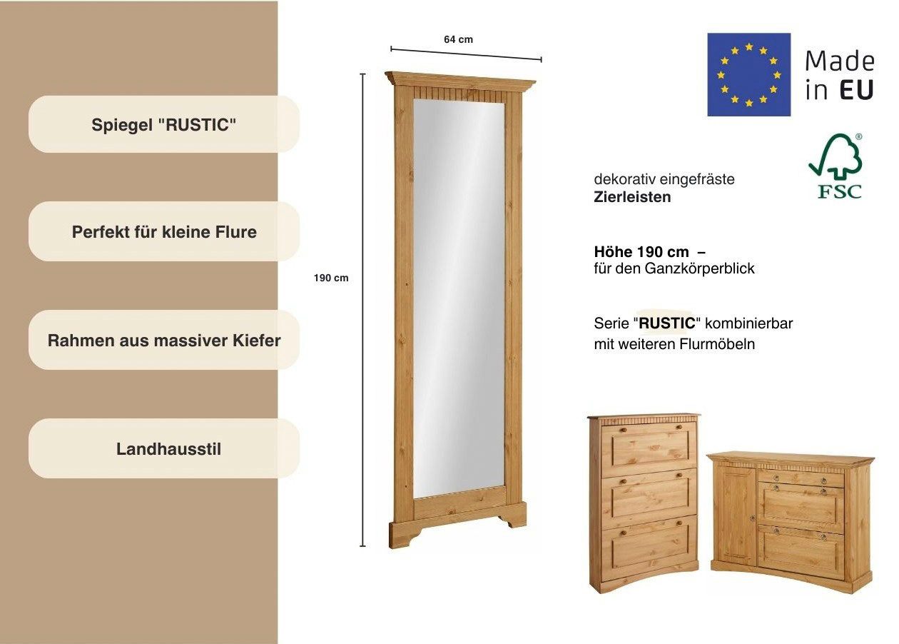 OTTO home Spiegel Rustic, Garderobenspiegel, Landhausstil, Rahmen in Kiefer massiv, Höhe 190 cm, mit Zierfräsungen