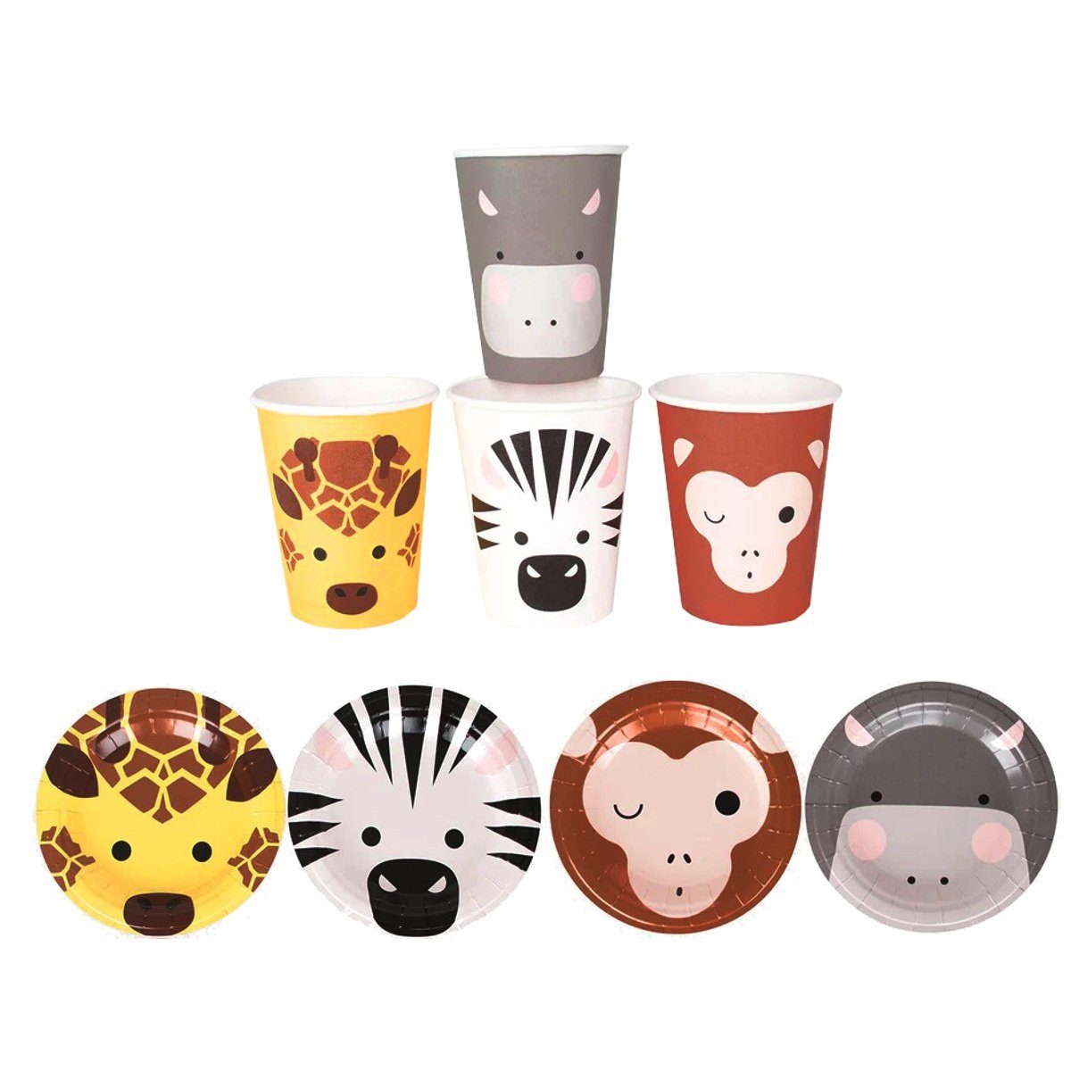 Macosa Home Einweggeschirr-Set Kindergeburtstag Geschirr bunt lustig (16-tlg), 8 Personen, Papier, Tischdeko Geburtstag Wildtiere Tiere Safari