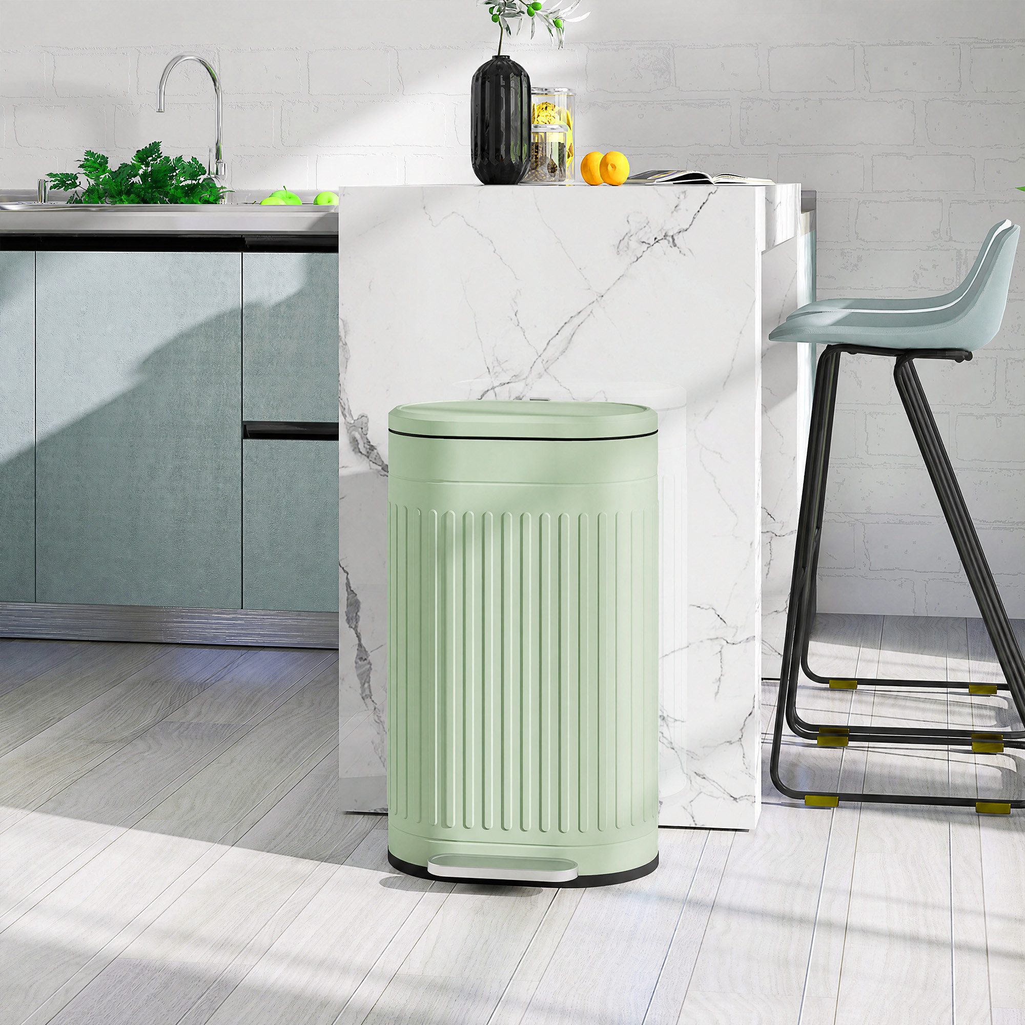 HOMCOM Mülltrennsystem Mülleimer 30L Treteimer mit Deckel und Fußpedal, für Wohnzimmer, Büro, Grün, 36,5 x 31,2 x 60,8 cm